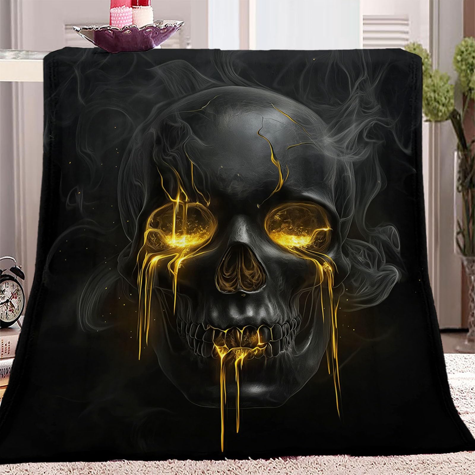 Ciemny nadruk Abstrakcyjna Czaszka Koc dla dzieci Chłopcy i Dorośli Czarny Super Miękki Pluszowy Koc Flanelowy Na Sofę Łóżko 150 x 200 cm