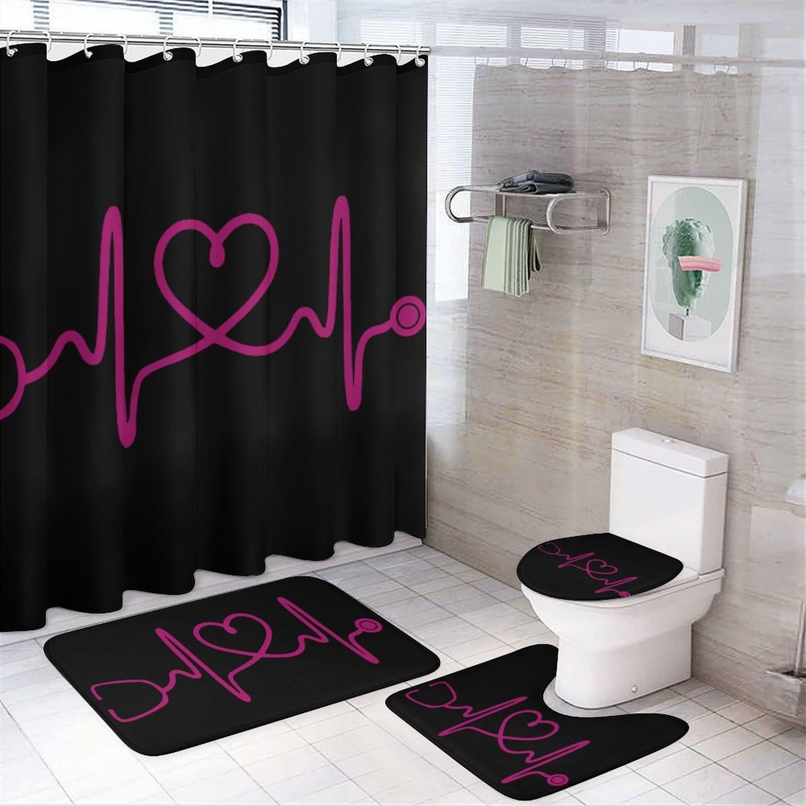 CGSBNGHA Heartbeat Nurse Shower Curtain Set 4 Piece Bathroom Sets with Rugs Toilet Lid Cover And U-Shaped Floor Mat