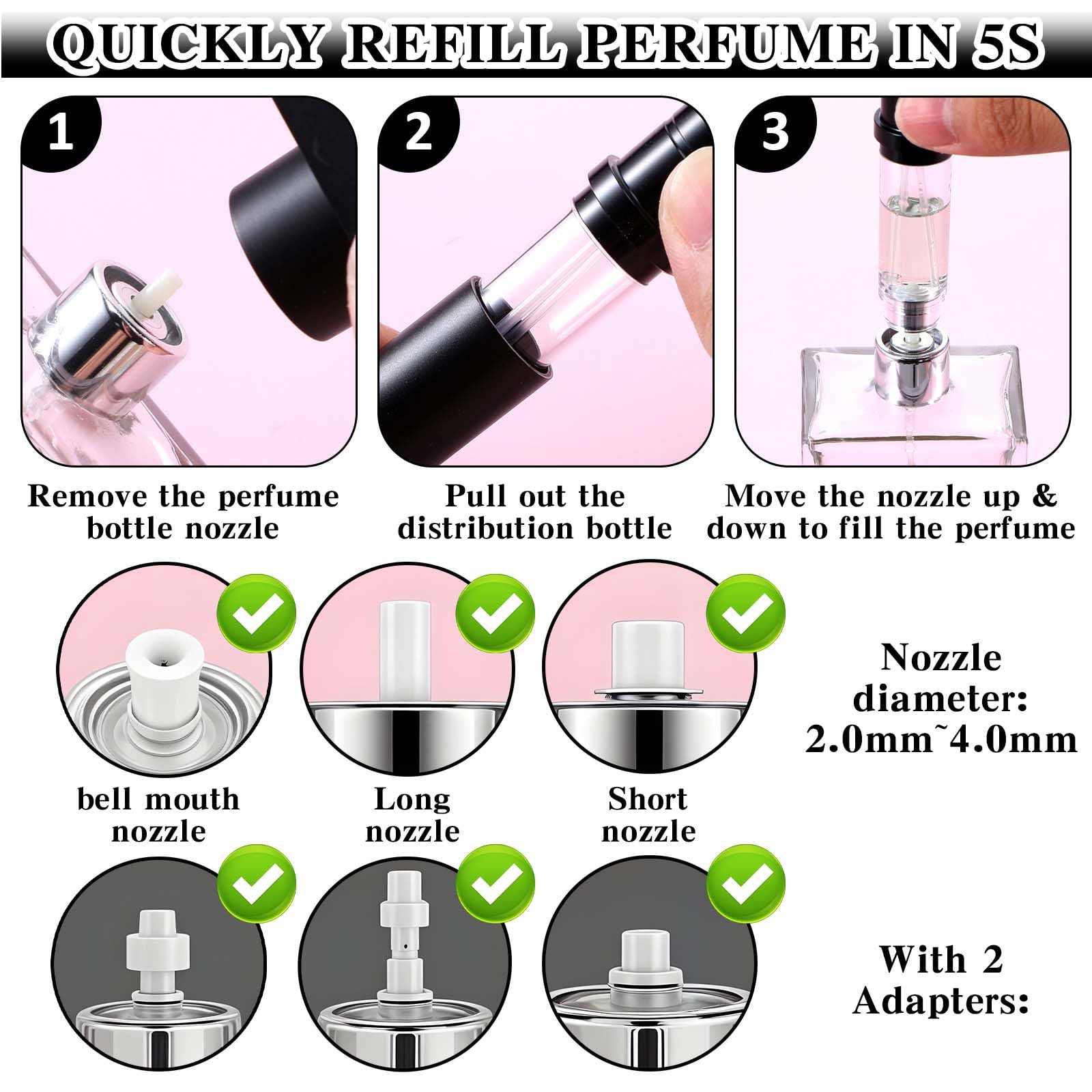 5 ml rozpylacz perfum wielokrotnego napełniania, 2 sztuki, rozpylacz, butelka z rozpylaczem, do wielokrotnego napełniania, na podróż, kolor czarny