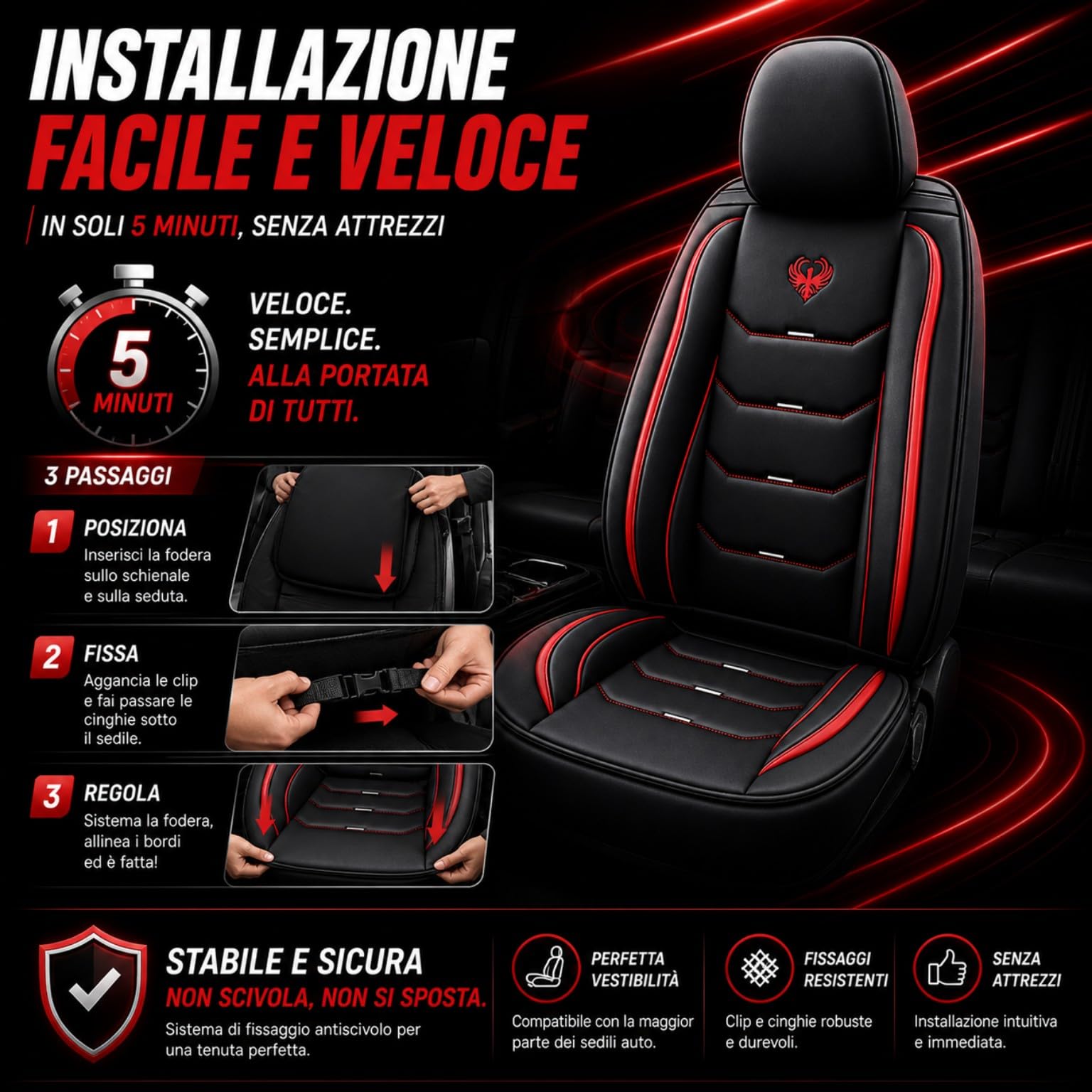 Car Passion 2 Coprisedile Auto Universale Sportivo Qualità Superiore in Ecopelle Anteriore con Poggiatesta Compatibile con Airbag Laterale Protezione Sedile Look Dinamico (2 Coprisedili Rosso)