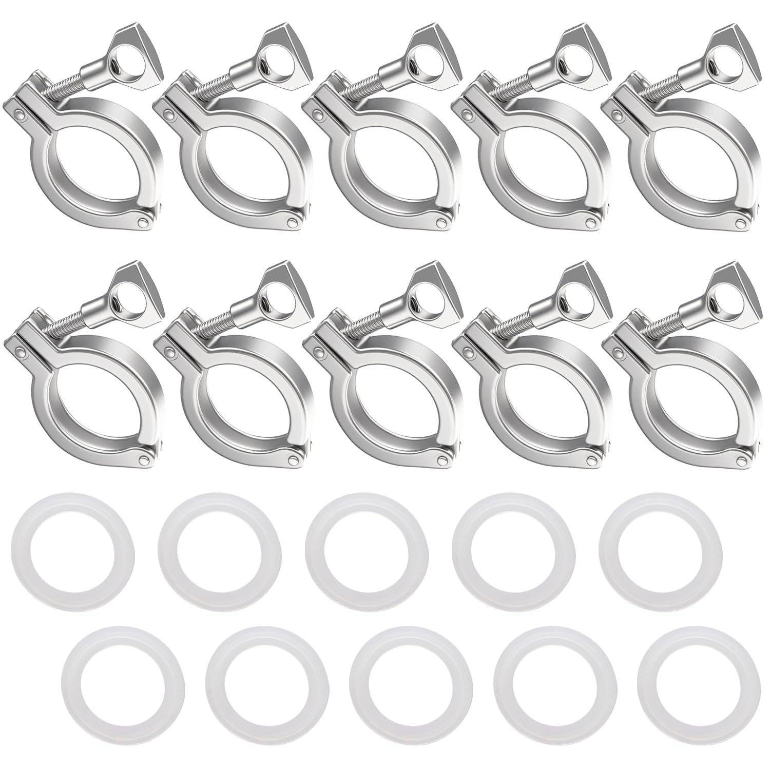 10PCS 1.5" 304 Stainless Steel Tri-clamp, Single Pin Heavy Duty Tri Clamp with Wing Nut Generic Ferrule TC with 10PCS Silicone Gasket (About 110g Each)