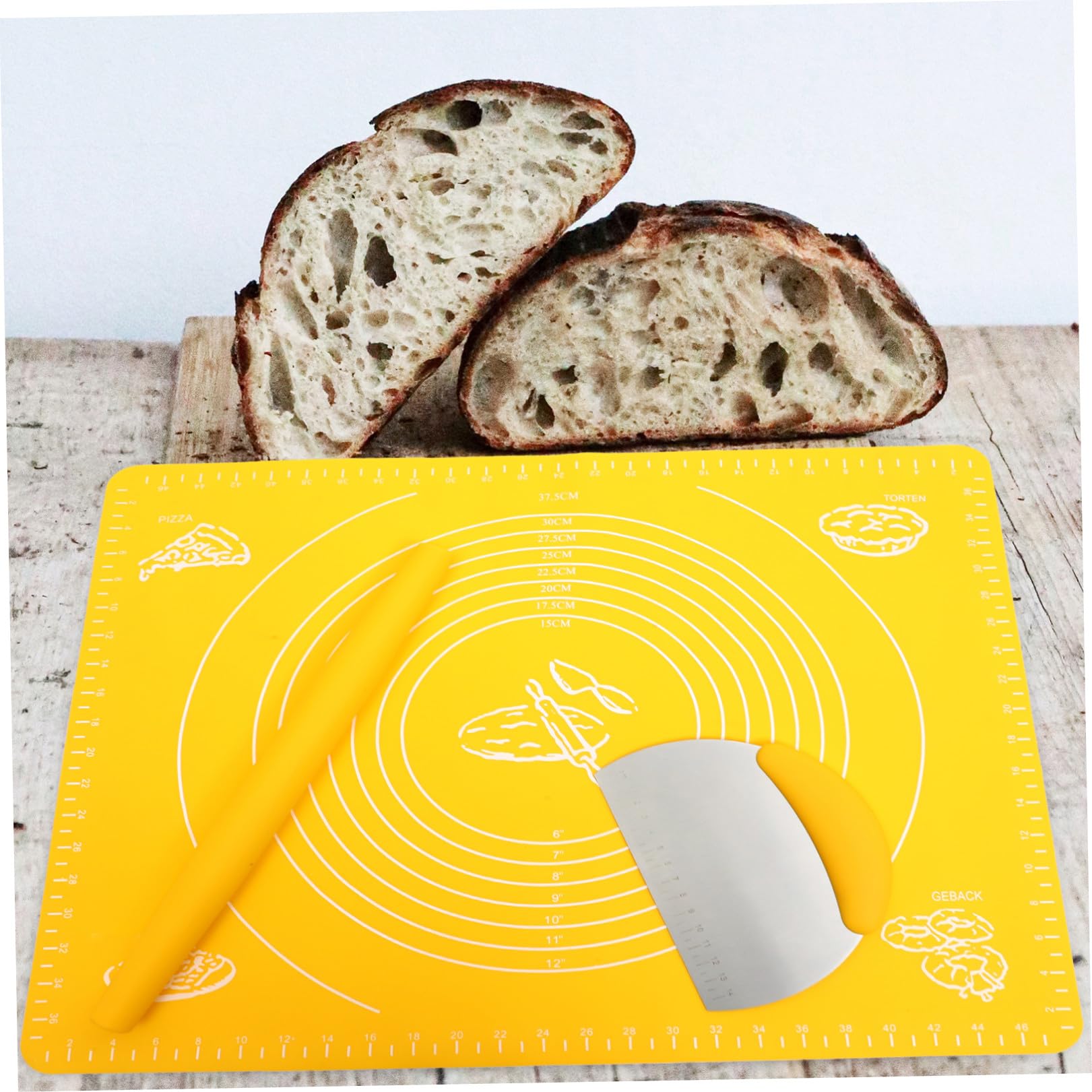 3 Stück Silikon Teigmatte Antihaft Backmatte mit Edelstahl Nudelholz und Teigschaber Rutschfest Vielseitig für Gebäck Pizza Brot Langlebig und Leicht Tragbar