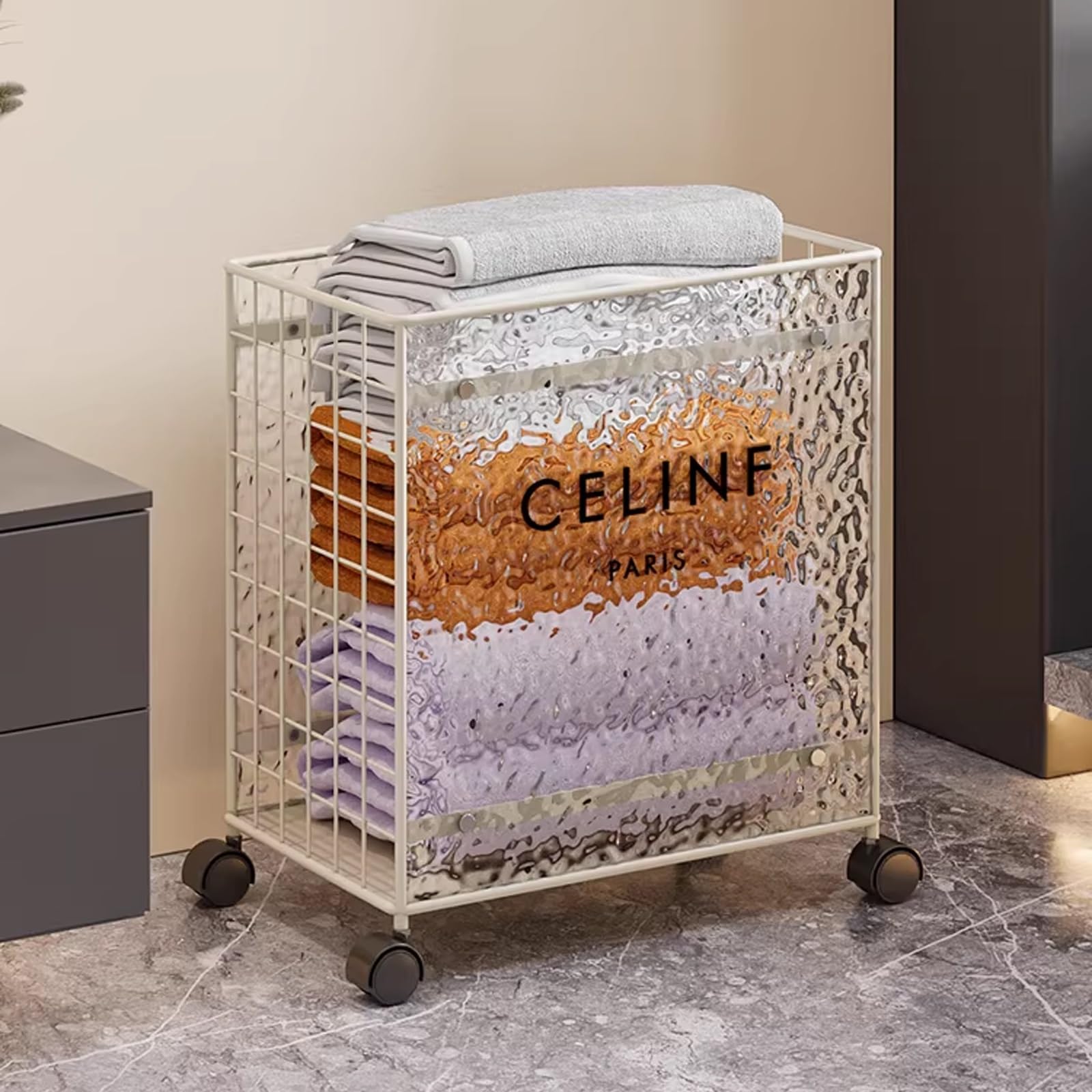 Folding Laundry Basket Household Storage Clothes Hamper with Wheels,Towel