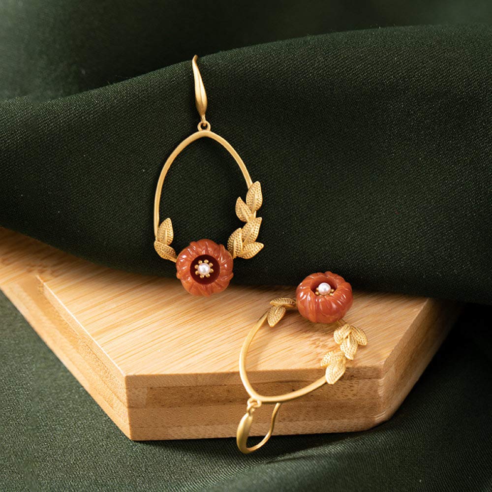 Vintage Aretes Largos S925 Mujeres Plata Chapada En Oro De Ágata Natural Lotus Encanto Elegante De Estilo Chino De Gama Alta De Temperamento Temperamento Don