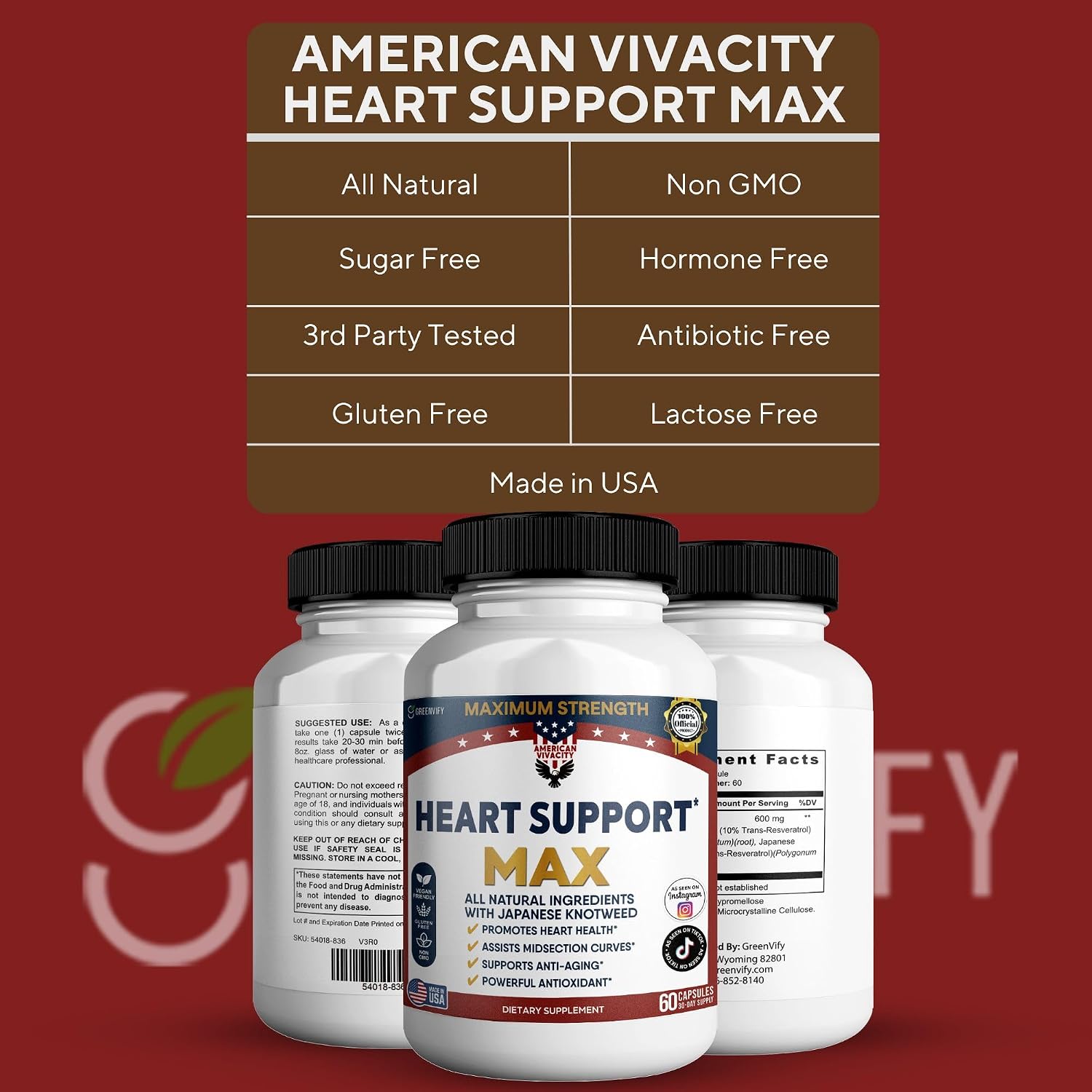 American Vivacity Heart Support Max, Japanese Knotweed Resveratrol Blend, Vegan, Gluten Free, Non-GMO, 60 Capsules (5)