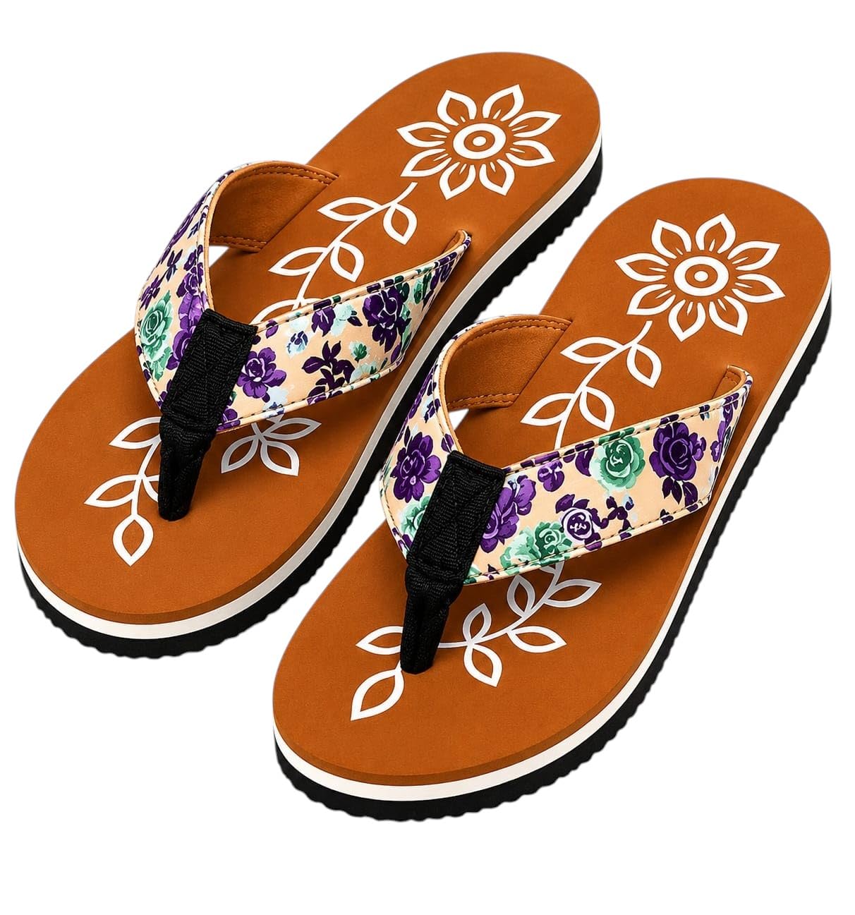 Arambh Enterprise Women's Floral Print Flip Flops, Maroon with Blue Rose Straps, Casual Beach Slippers-image-34