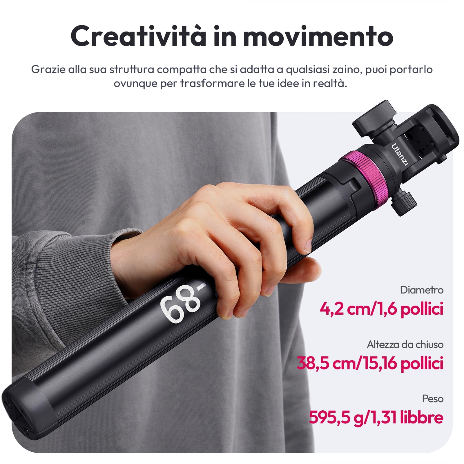 ULANZI MT-89 stativo fotografico compatto da 208,3 cm con vite da 1/4" a sgancio rapido, capacità di carico 1kg, treppiede estensibile regolabile in alluminio, con testa a sfera a 360°