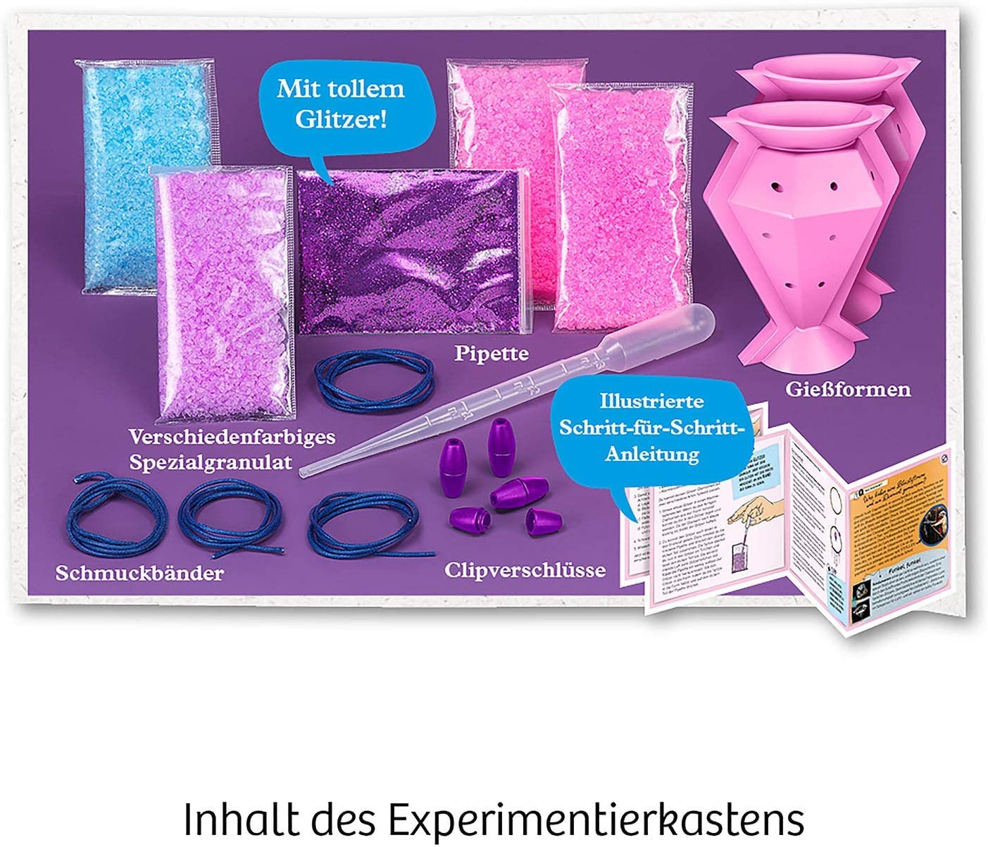 Besuche den Kosmos- KOSMOS 657758 Glitzer-Diamanten, Funkelnde Schmuck-Anhänger erstellen und gestalten, mit Gießformen, Schmuckbändern, Glitzer, Granulat in 3 Farben, Experimentierset für Kinder von 8-12 Jahren in use
