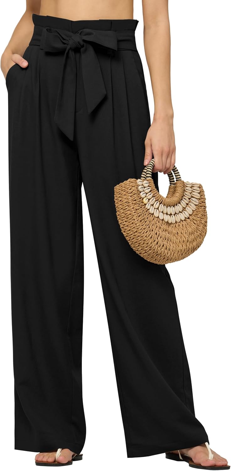 AVICHIC Women Linen Pants 2025 Paperbag Wide Leg Dress Pants High Waisted Work Slacks Tie Knot with Pockets 28"/30"/ 32"