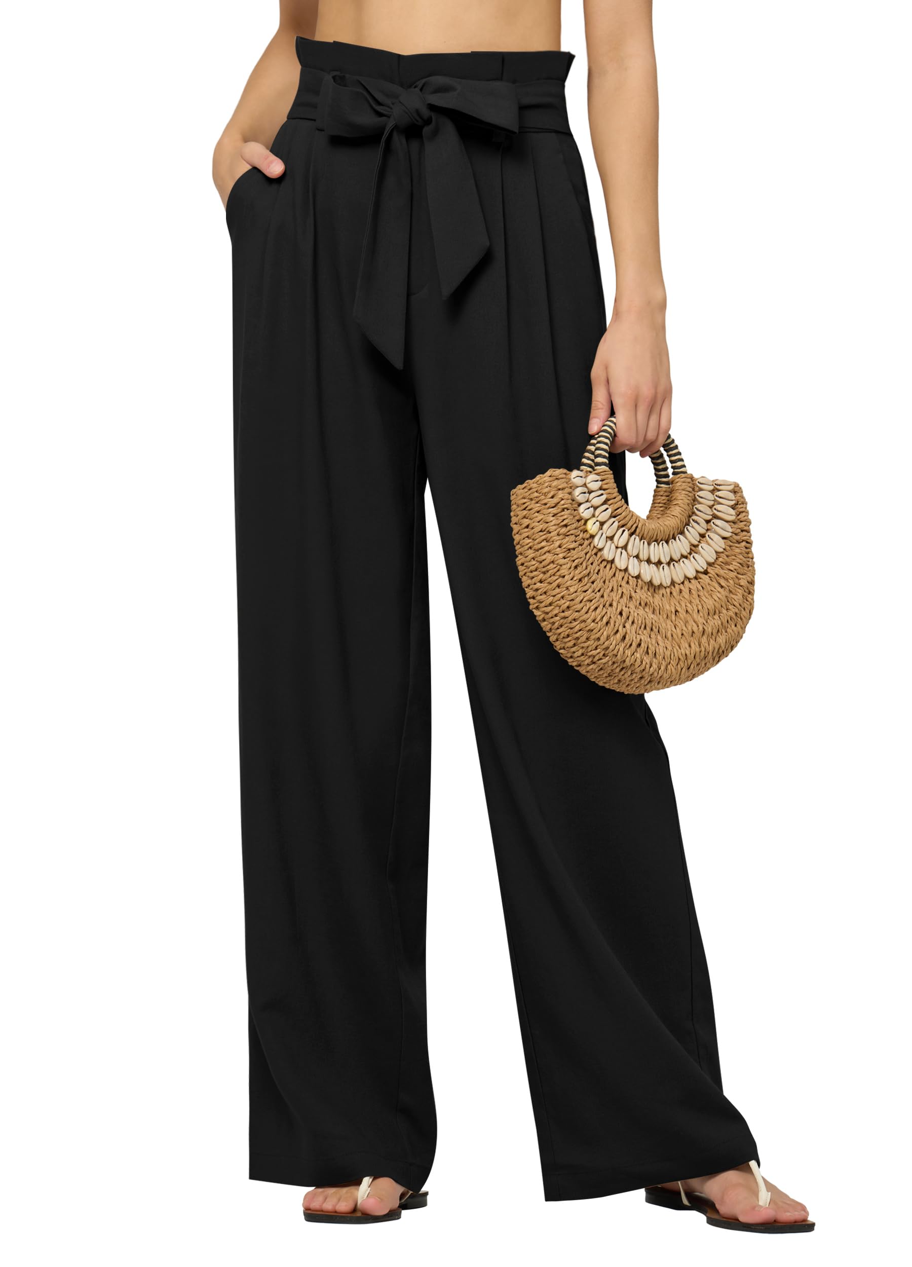 Women Linen Pants 2025 Paperbag Wide Leg Dress Pants High Waisted Work Slacks Tie Knot with Pockets 28