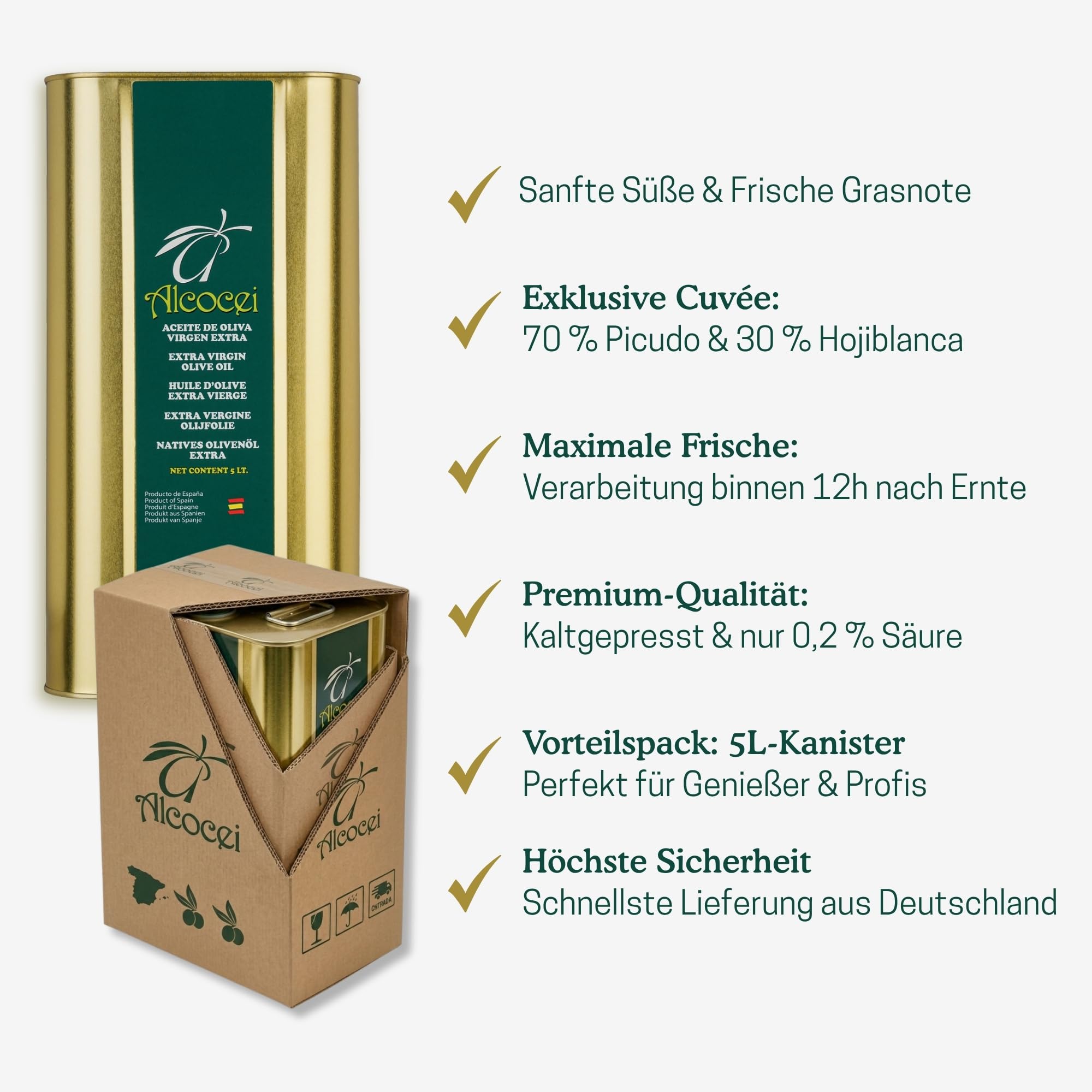 ALCOCEI Extra Natives Olivenöl aus Spanien | 5 Liter | Kaltgepresst | 0,2-0,3% Säuregehalt | Kaltextraktion innerhalb von 12 Stunden