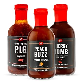 PS Seasoning Sweet Spicy BBQ Sauce Variety 3 Pack - Peach Buzz, Cherry Bomb, and Notorious PIG Gourmet Barbecue Sauce Set for Grilling Cooking Marinades Glazing Gift Pack Premium Flavor Collection