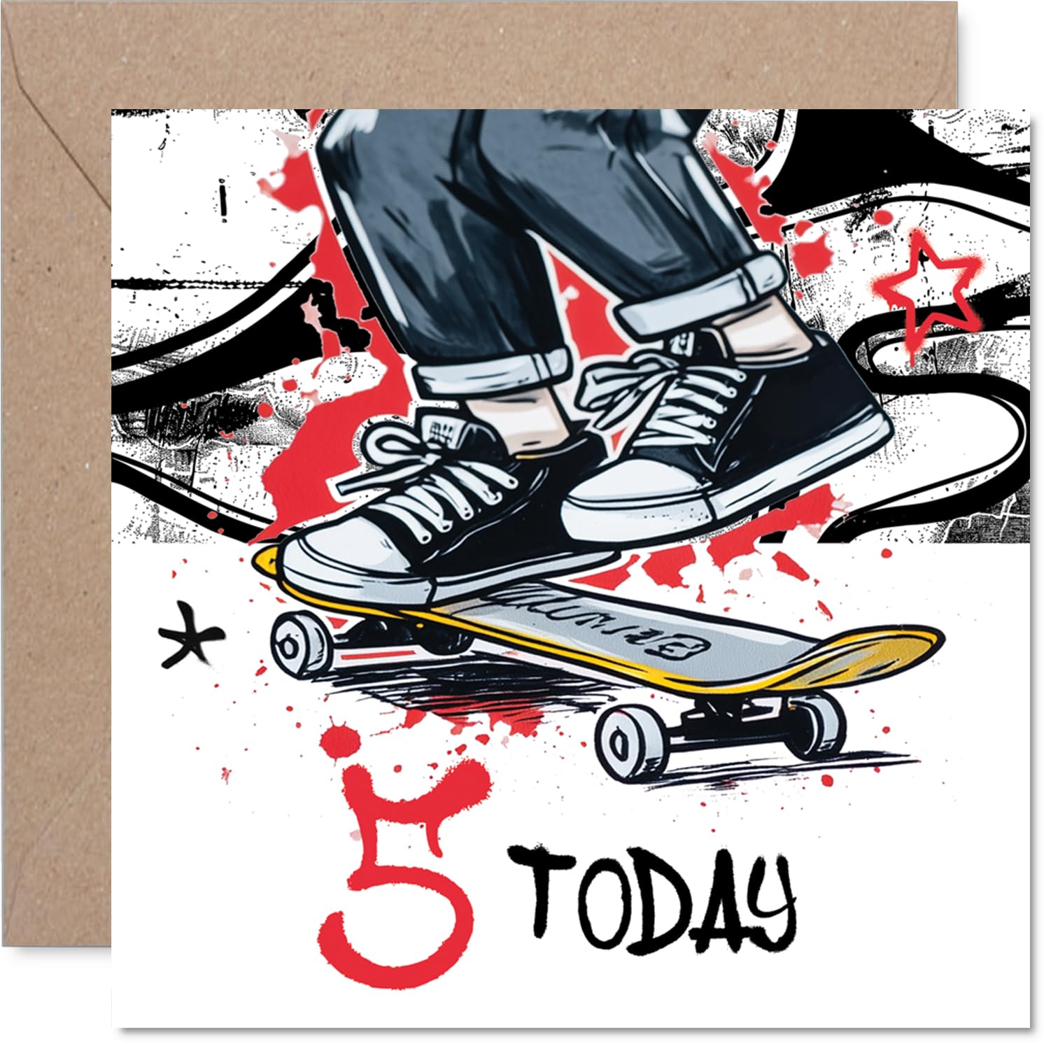 Playful 5th Birthday Card - Kickflip into Being 5 - Skateboarding Star Design with Bold Colours - Bursting with Birthday Energy - 145mm Square, Envelope Included