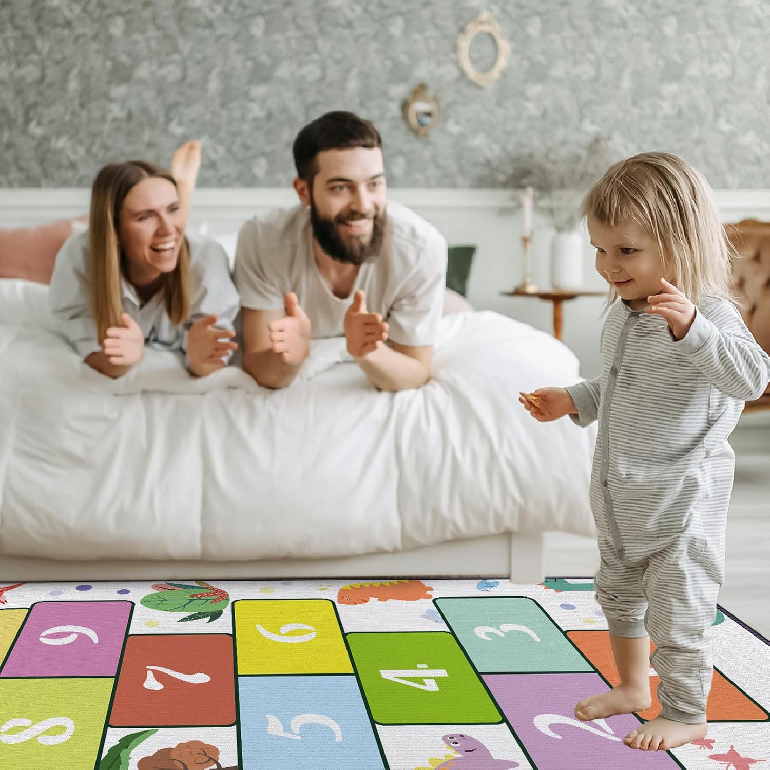 Dinosaur Hopscotch Numbers Play Area Rug for Kids Room Bedroom, Non-Slip Toddler Boys Girls Educational Runner Rug for Playroom, Cute Dino Learning Hop Count Floor Carpet, Large 63"*32"