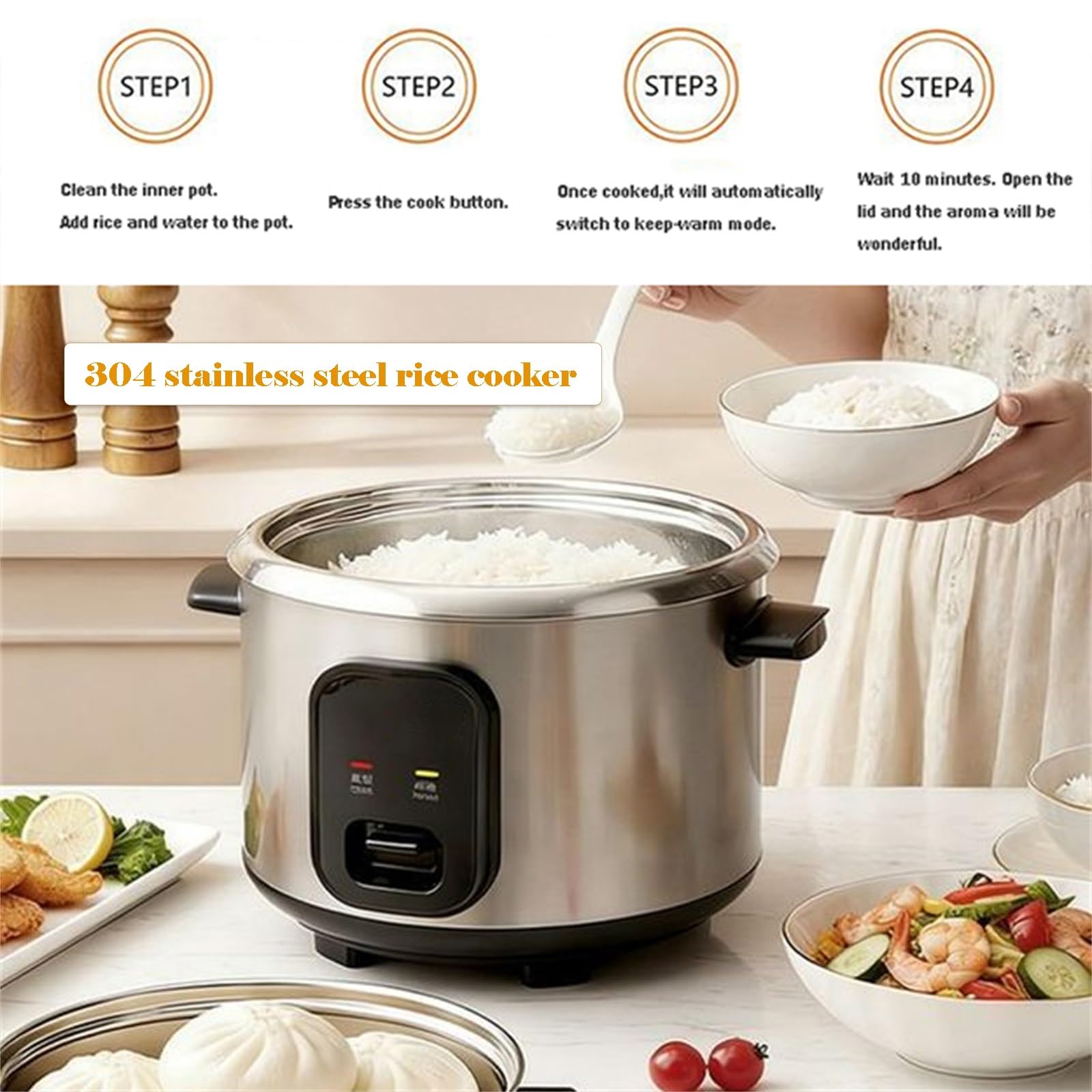 Cuociriso E Vaporiera, Ciotola Interna Antiaderente In Acciaio Inossidabile 304, Funzioni Cottura/caldo, Include Misurino E Cucchiaio, 220-240 V(4 liters)