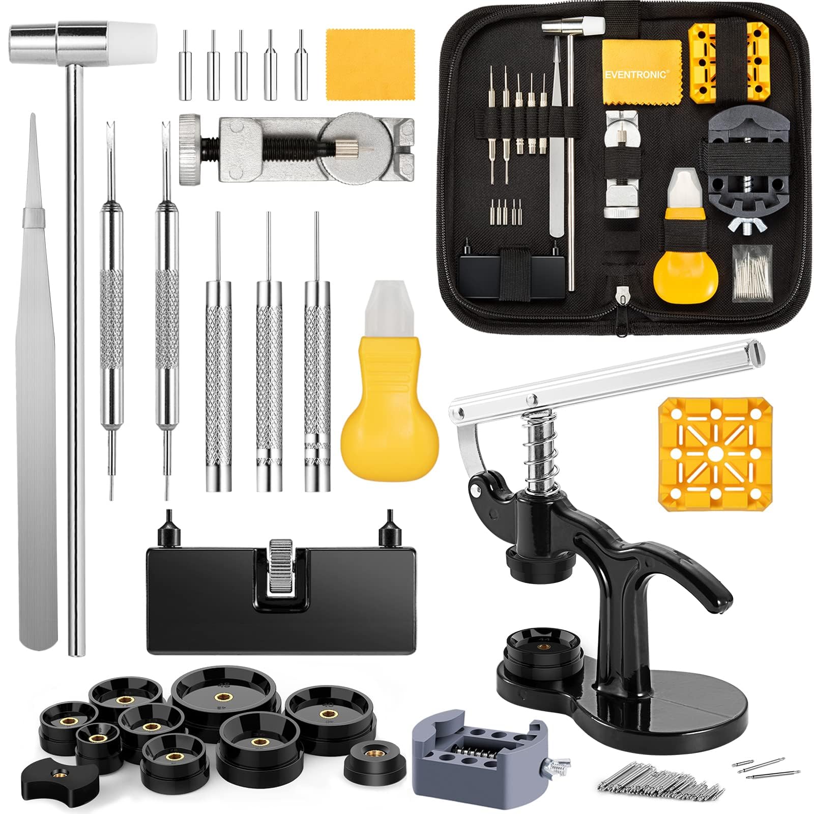 Eventronic Herramientas relojero+ Prensa de Tapa, Kit Relojero con Herramienta Cambiar Pilas Reloj, Juego de Herramientas Pasador de Enlace de Banda de Reloj con Estuche (88PSC)
