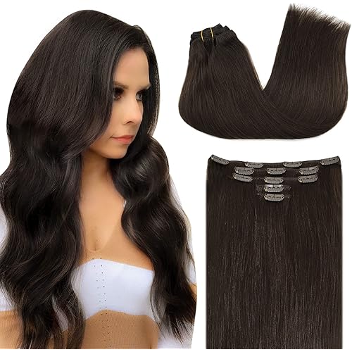 Clip in Hair Extensions Human Hair, 80g 5pcs New Dark Brown 18 Inch DOORES Human Hair Extensions Clip in Remy Hair Extensions Natural Straight