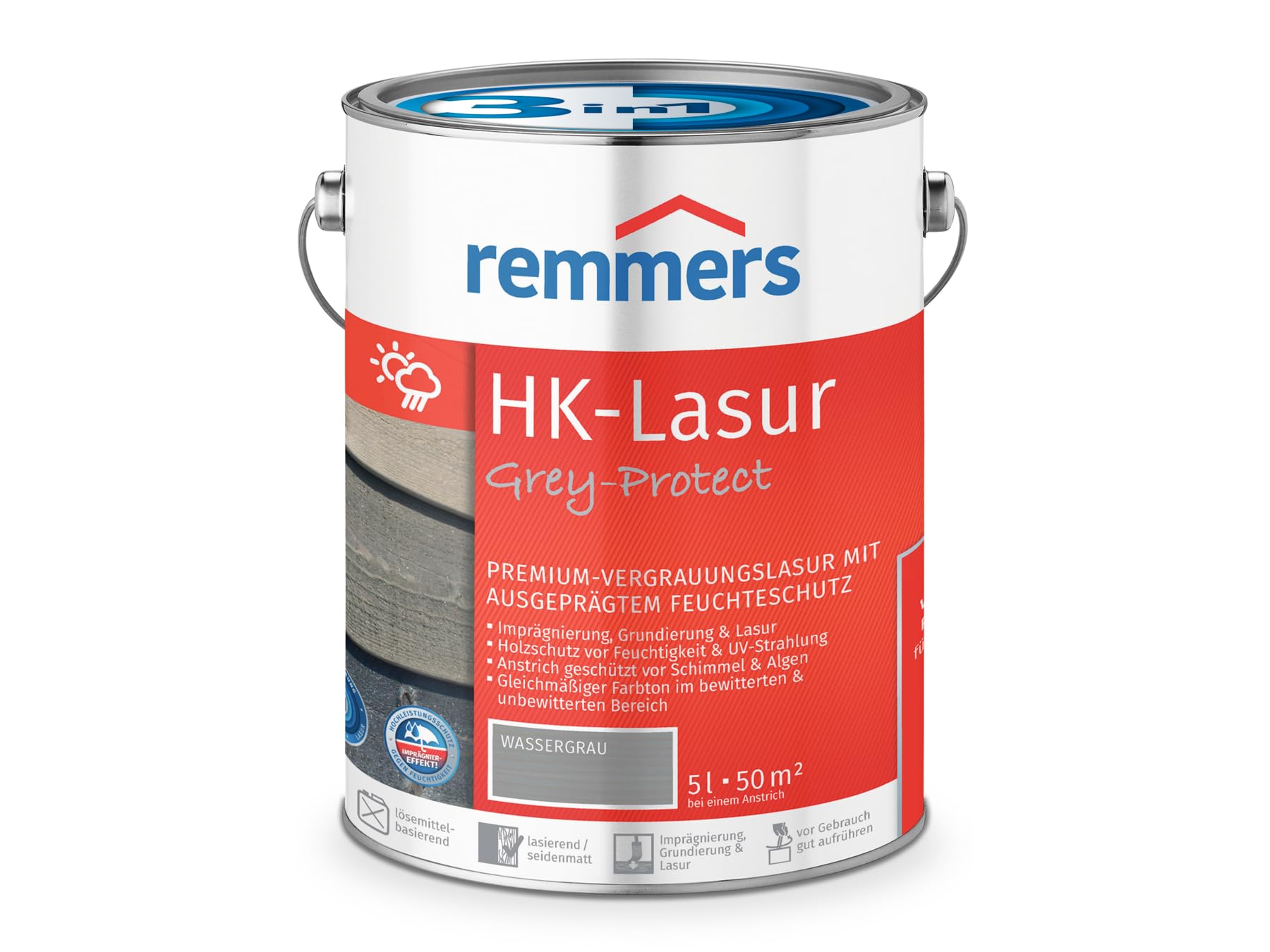 Remmers HK-Lasur 3in1 Grey-Protect wassergrau, 5 Liter, Holzlasur für Vergrauung außen, 3 Holzschutz Produkte in einem, Feuchtigkeit- und UV-Schutz