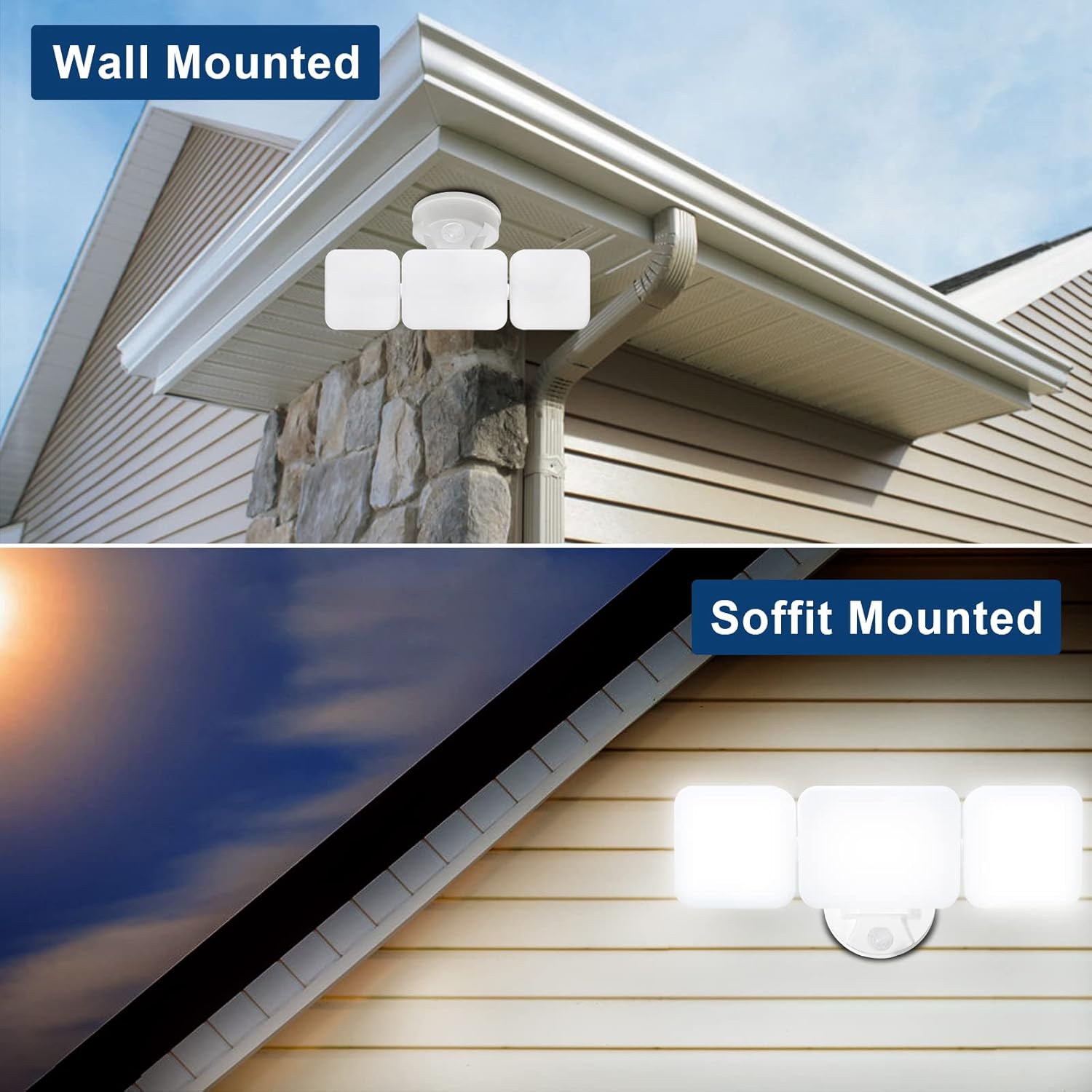 EMANER Outdoor Motion Sensor Flood Light, 100-130V Corded, 45W 4500lm 5000K, LED Security Wall Light Wired for Porch/Garage/Yard (2-Pack, White)