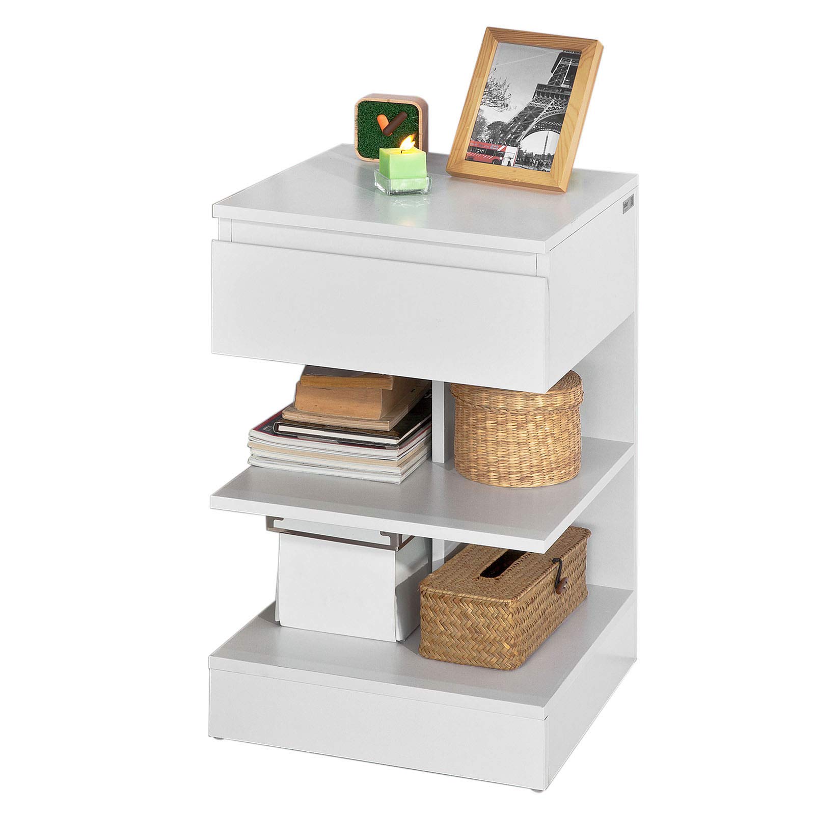 SoBuy Mesita de Noche con 1 Cajón y 2 Estantes Consola Mesa Auxiliar para Salón Comedor Blanco 39 x 39 x 65 cm FBT49-W ES