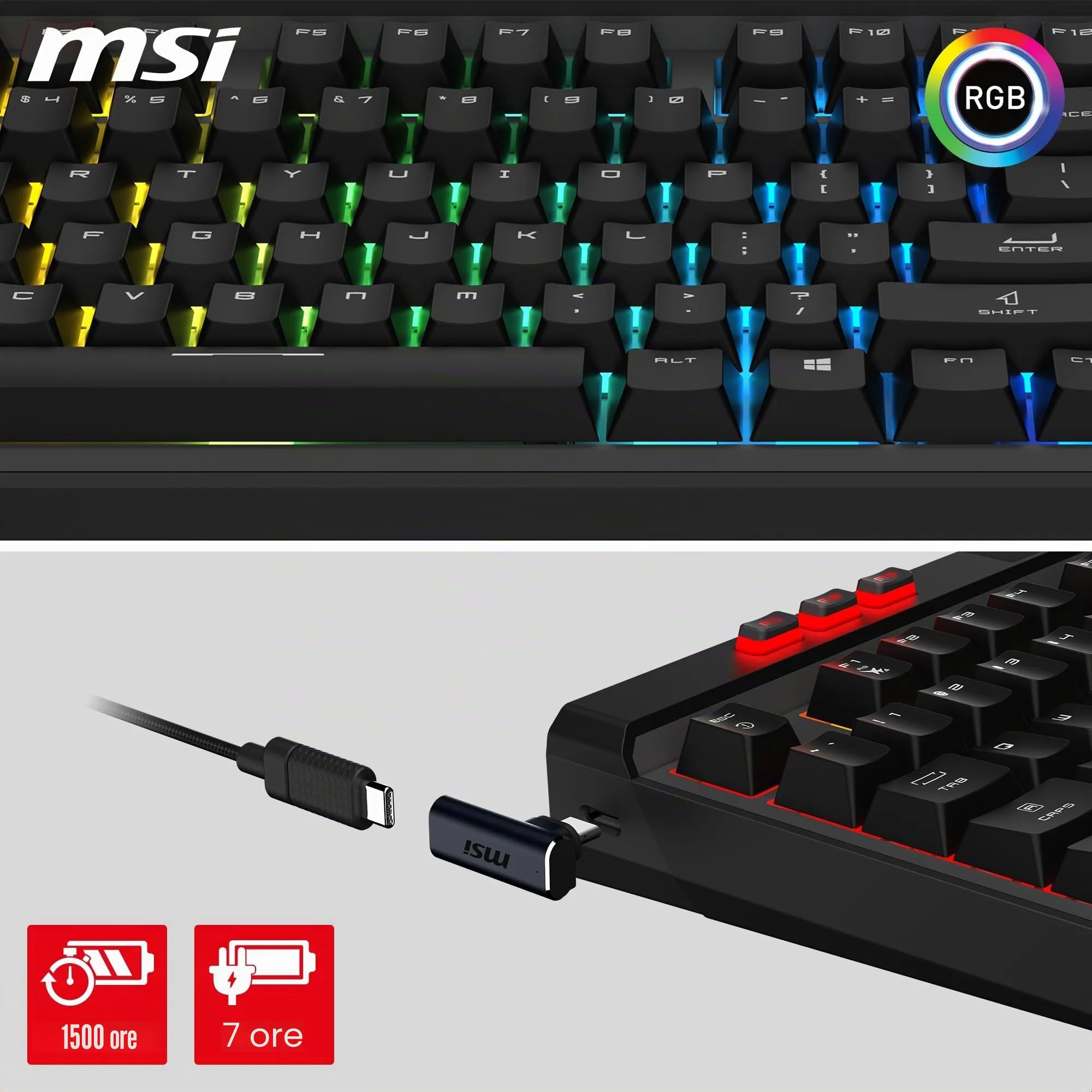 MSI Strike Pro Wireless - Tastiera da gioco meccanica silenziosa AZERTY, switches Silent Touch sostituibili a Caldo, keycaps PBT, 2.4GHz, Bluetooth, RGB Mystic Light tramite Touche, Batt 4200mAh