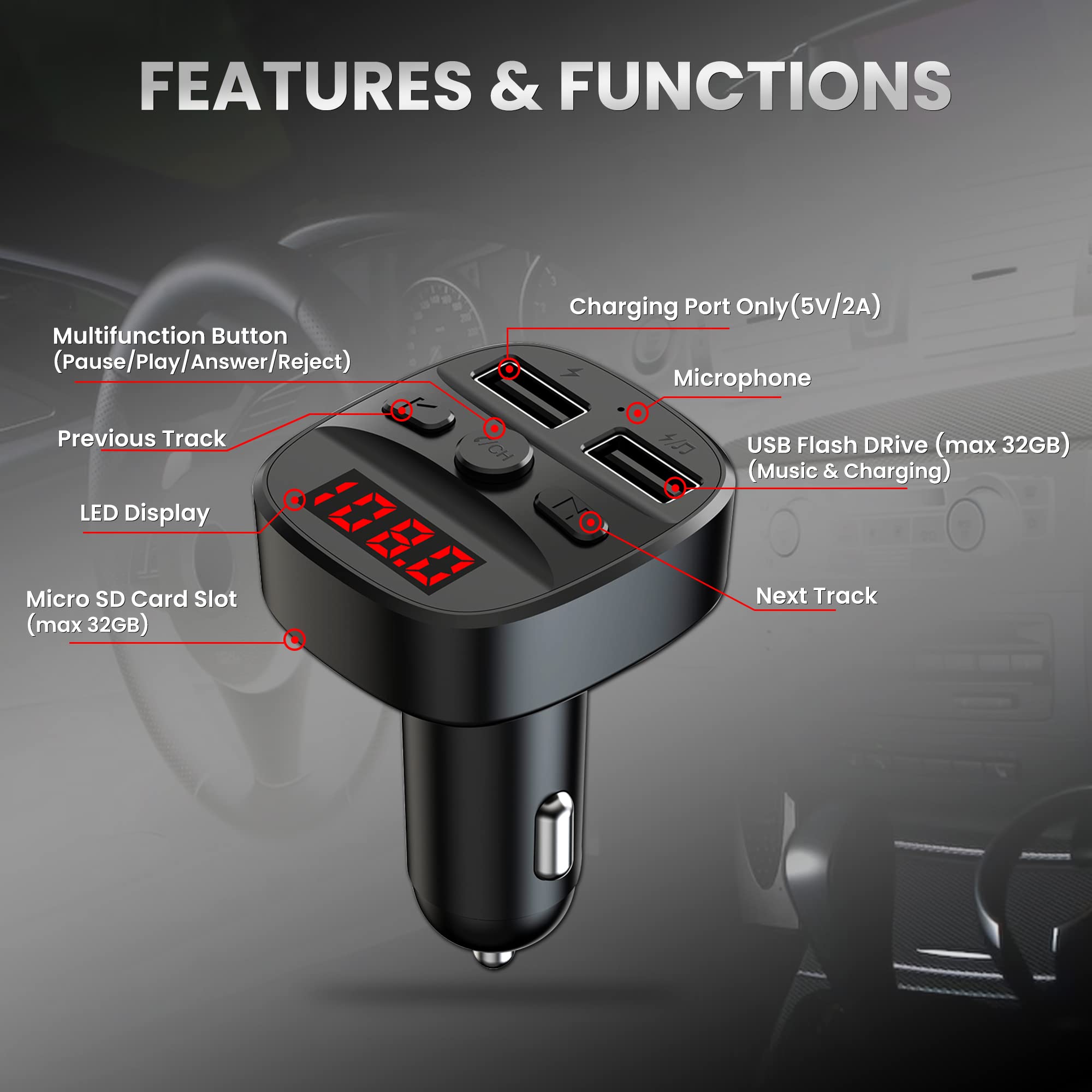 WeCool Bluetooth FM Transmitter - Car Music Streaming -6