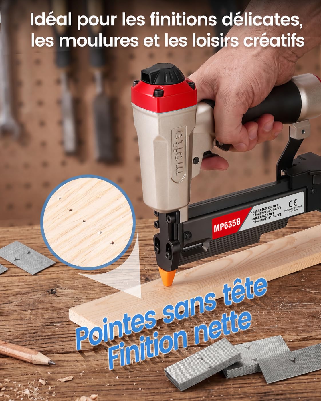 meite MP635B Cloueuse avec 10 000 clous (25 mm), cloueuse pneumatique de calibre 23, pistolet à ongles pneumatique, convient aux clous de calibre 23 de 12 mm à 35 mm, idéal pour les panneaux, petite