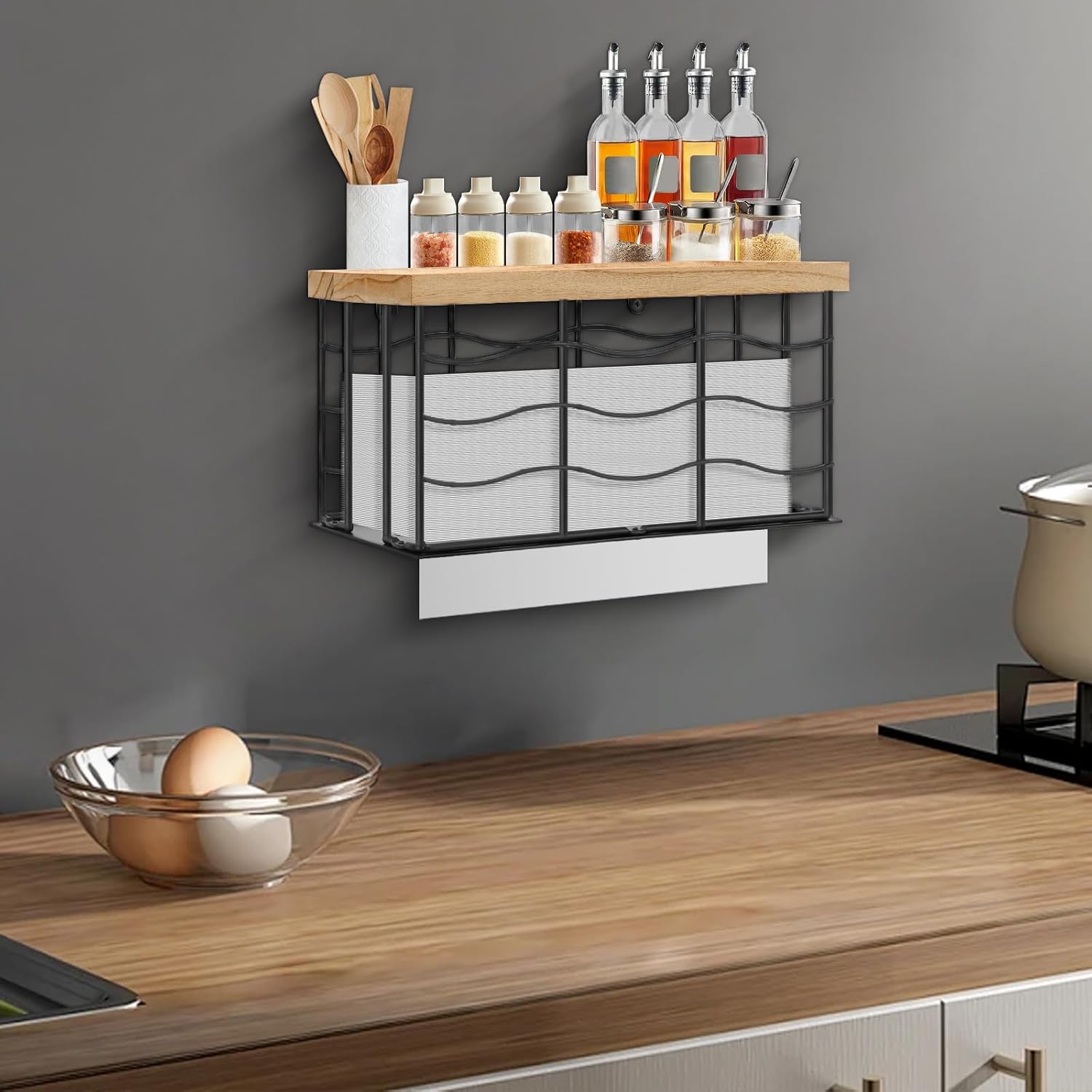 Paper Towel Dispenser, Metal Paper Towel Holder with Wood Lid, Commercial Napkin Dispenser, Tri-Fold Paper Towel Stand for Home Bathroom Kitchen, Wall Mounted & Countertop (Matte Black) image 7 of 8 B0CWLDRVL6