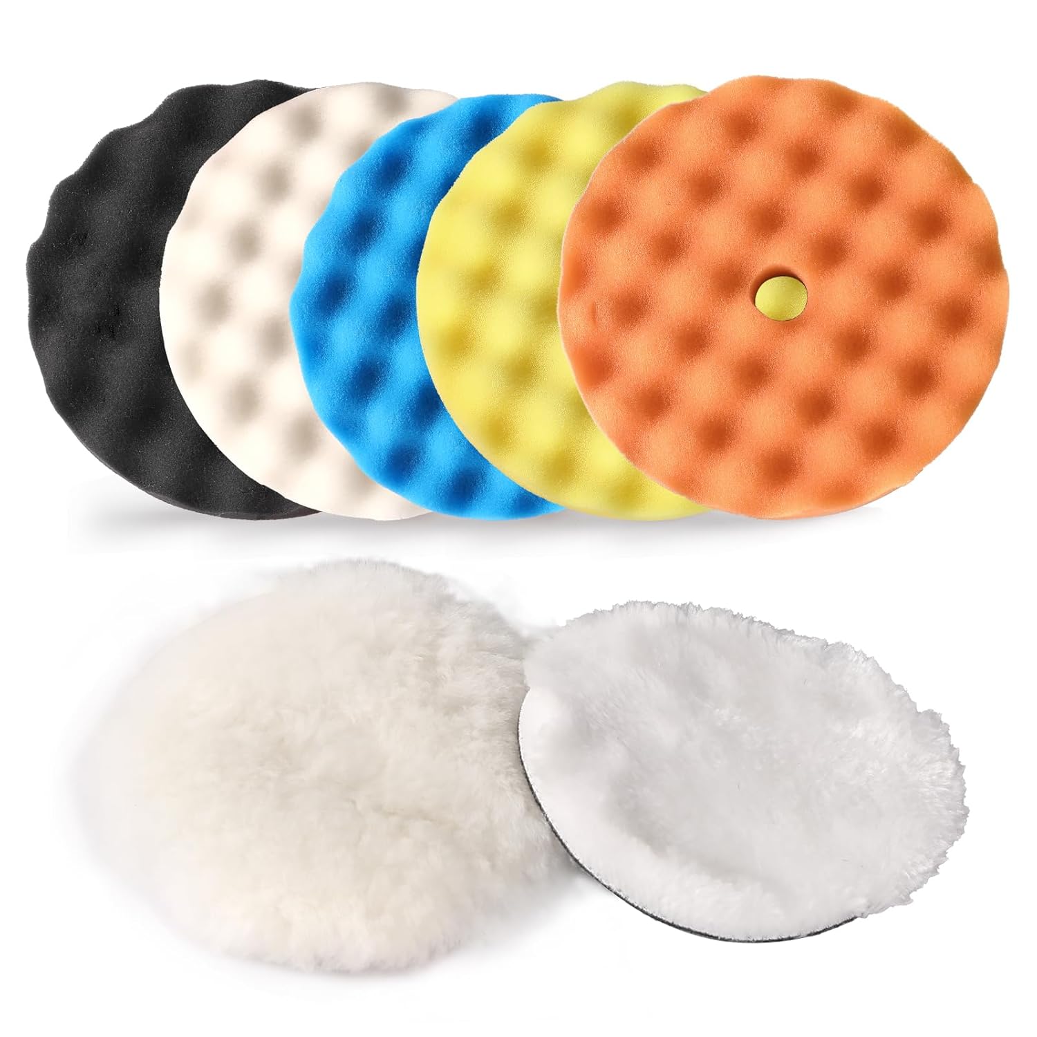 Buffing Pads Polishing Pads Kit,7 Pcs 6"(150mm), Sponge Polishing Pads with Wool Pad Kit, Car Polisher, Car Detailing Kit, Polishing Pad Kit for Car Buffer Compounding, Polish and Wax.