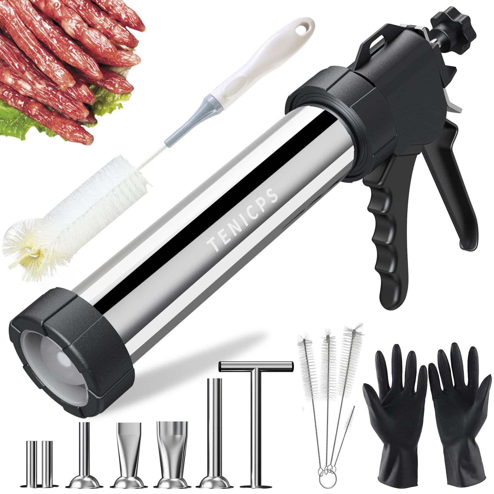 Professional Jerky Gun Kits, Sausage Maker, Stainless Steel Beef jerky gun for Ground Meat, Sausage Stuffer, Meat Gun with 5 Nozzles 5 Brushes 1 Meat Pusher &amp; A Pair of Gloves, Kitchen Utensils Set