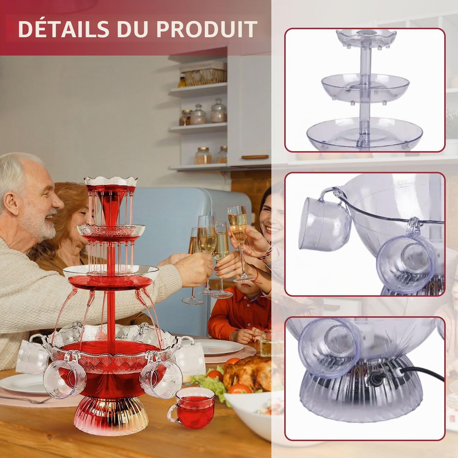 Fontaine de Fête,3 Niveaux Transparente Fontaine à vin Rouge 4L avec 5 Gobelets Réutilisables et Socle éclairé par LED,pour Pubs,Mariages,Fêtes à la Maison