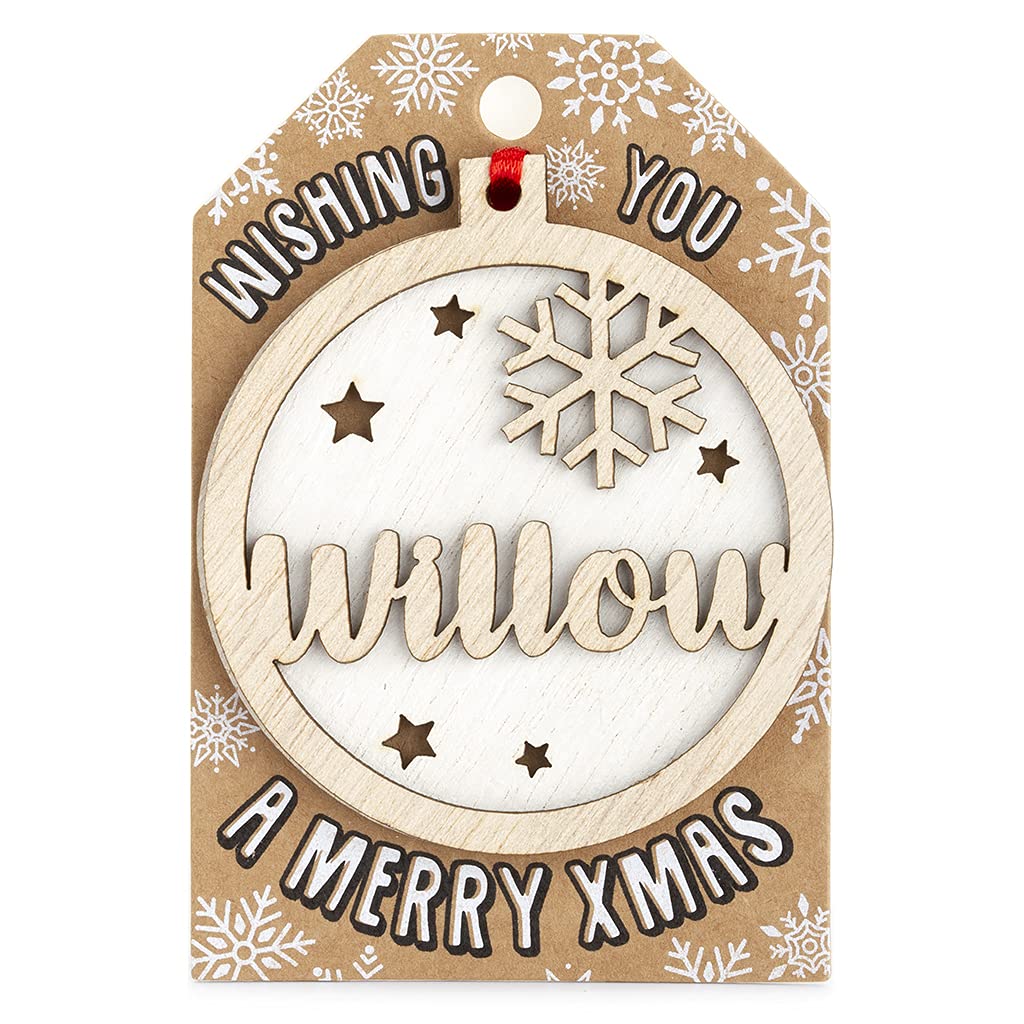Personalised Wooden Willow Name White Hanging Christmas Tree Bauble Decoration