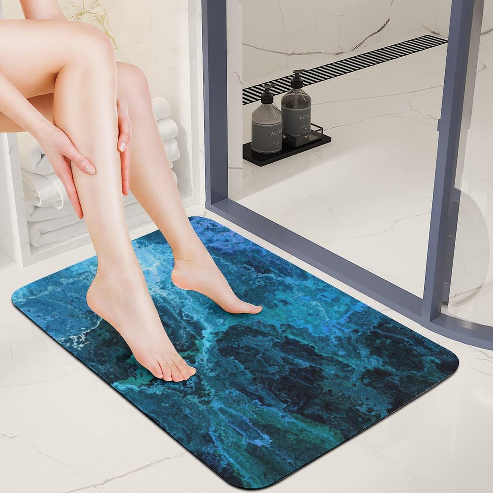 Ensemble rideau de douche bleu vagues et tapis de bain complet pour WC
