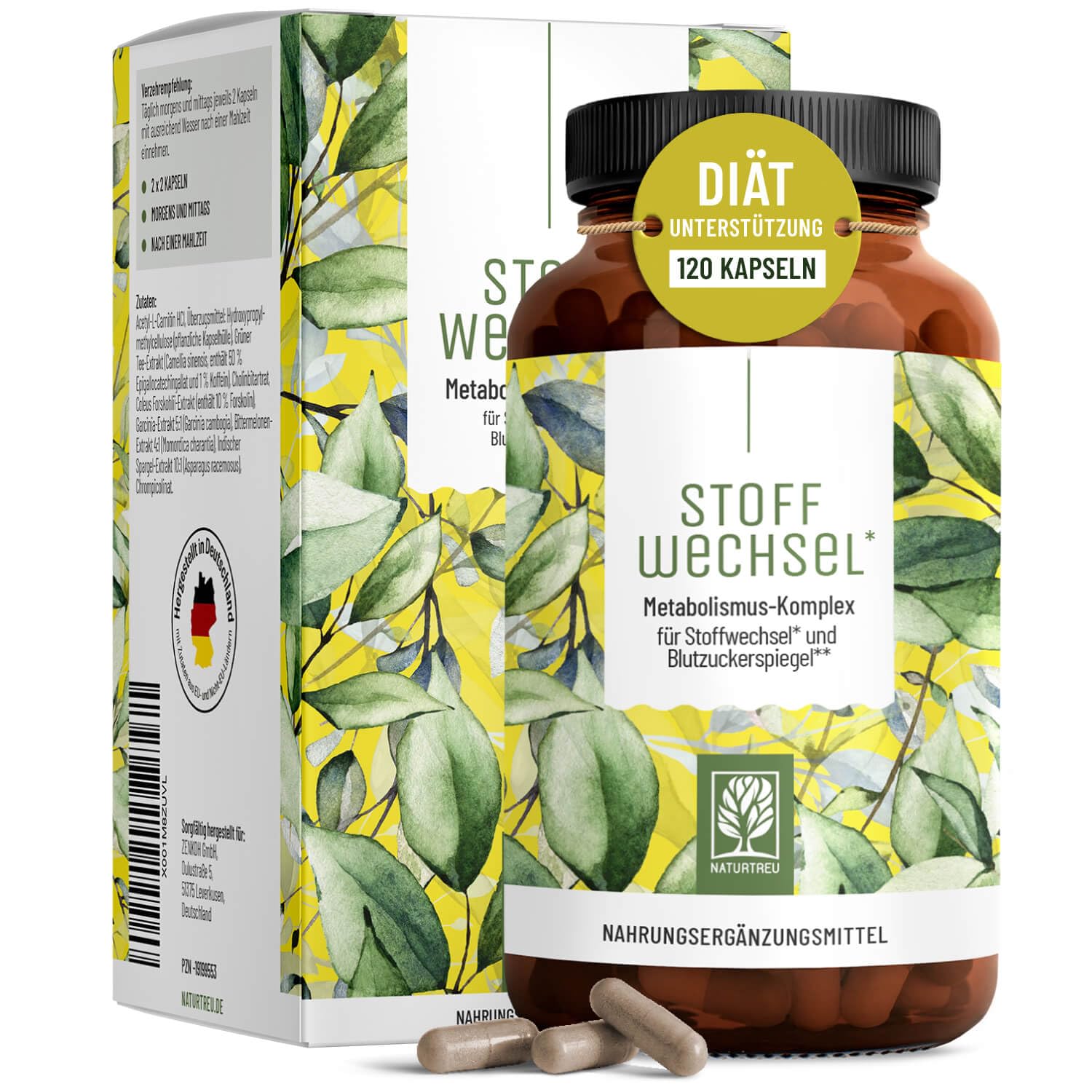 NATURTREU® Stoffwechsel Kapseln Diät Unterstützung - Hochdosiert mit Grünem Tee, Forskohlii, Cholin, Spargel, Bittermelone, Garcinia Cambogia & Chrom - 120 Stoffwechsel Kapseln vegan