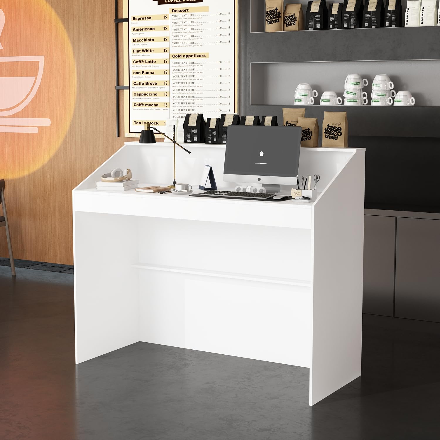 Bureau d'accueil Blanc 120cm – Comptoir de Caisse à Double Niveau de Travail, Surface 117cm – Banque d'accueil pour café, Magasin, Bureau, hôtel, 120×100×50cm