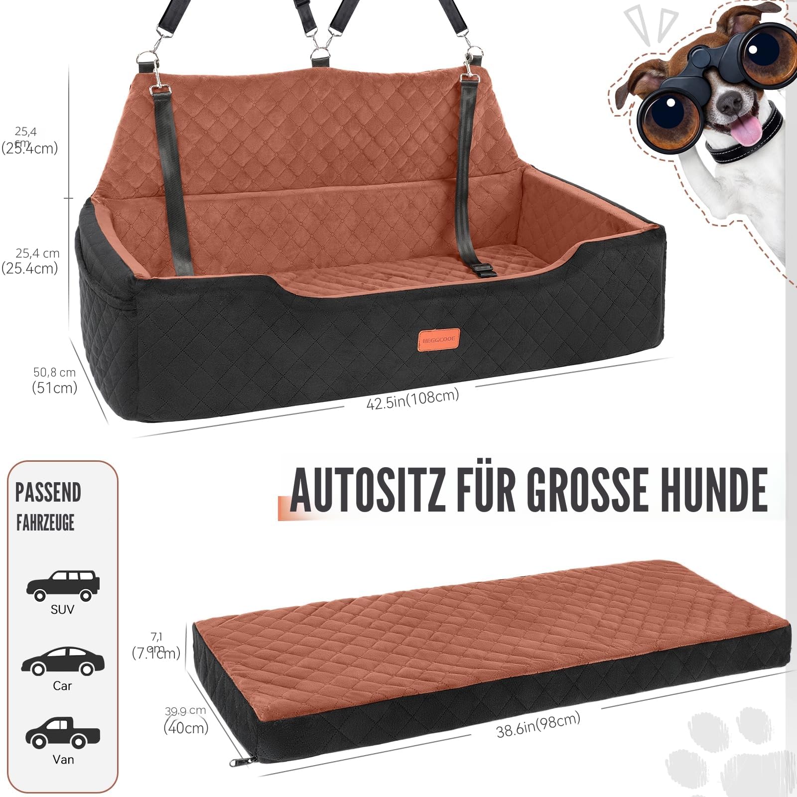 HEGGCOOE Hunde Autositz für Große Hund unter 100 lbs, Waschbares Hundesitz Auto für 2 Mittlere Hunde, Abnehmbar Autositz Hund mit 2 Sicherheitsleinen, Hundebett Auto rückbank-schwarz/braun