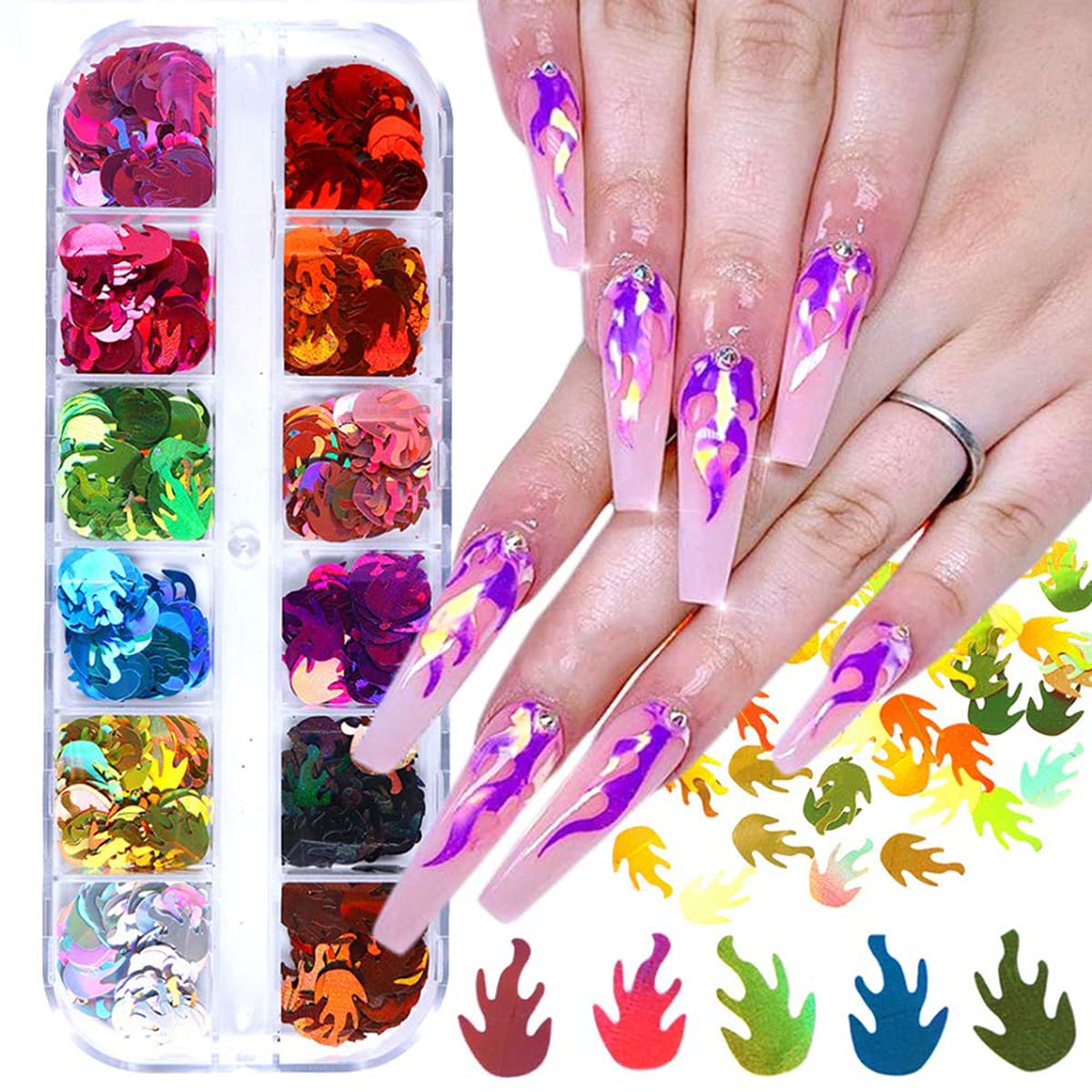 Amazon.com: 12 Colors Fire Flame Nail Glitter Sequins Flame Shape Flakes  Nail Art Designs Flame Nail Art Stickers Laser 3D Glitters Nail Art Decor  Women Girls Holographic Nail Accessories Shine Nails Decorations :