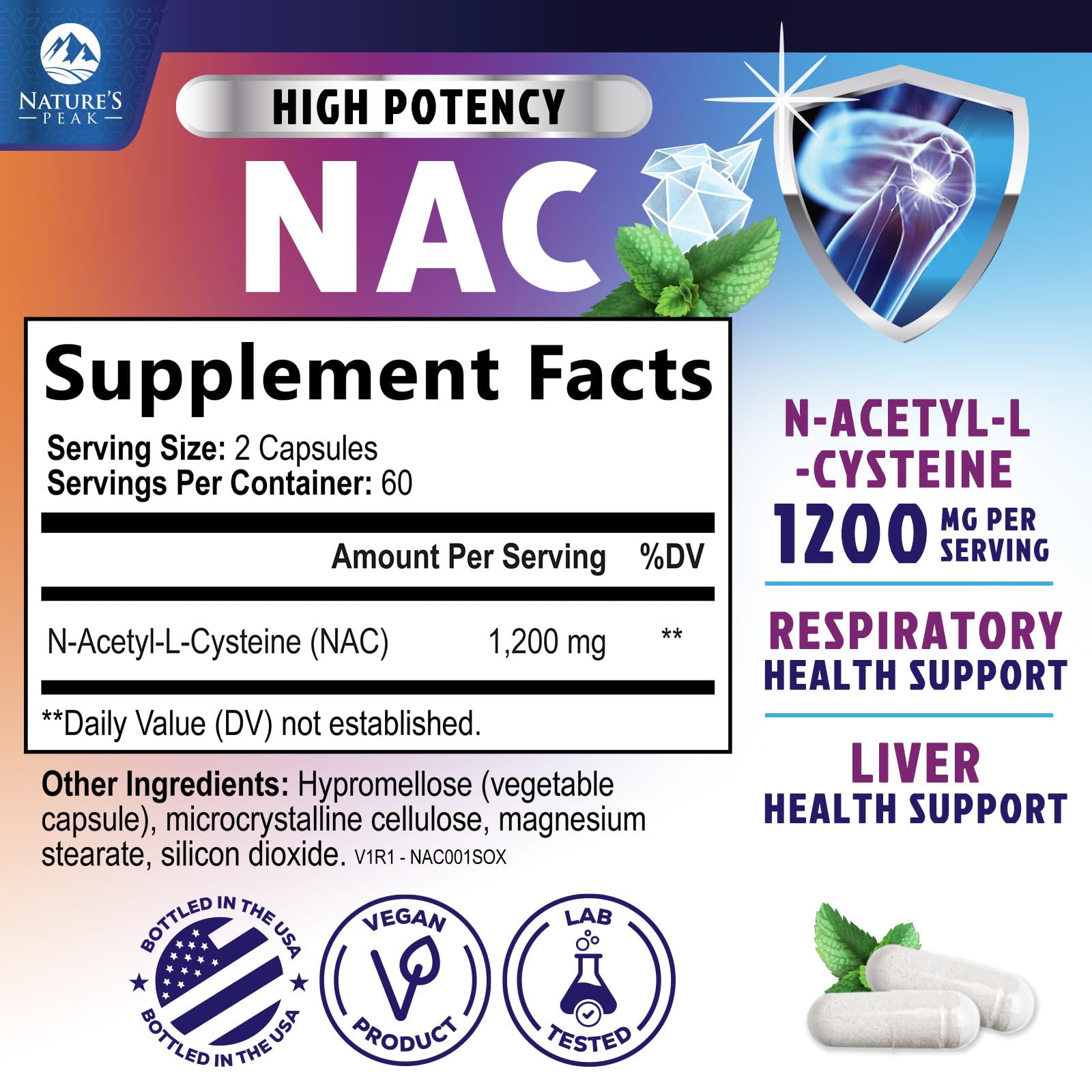 N-Acetyl-L-Cysteine (NAC) Supplement - 1200mg Free-Form NAC - Powerful Antioxidant Fights Free-Radicals - Daily Immune, Liver & Respiratory Support - Vegan, Gluten Free, Bottled in USA - 120 Capsules — Amazon image 2