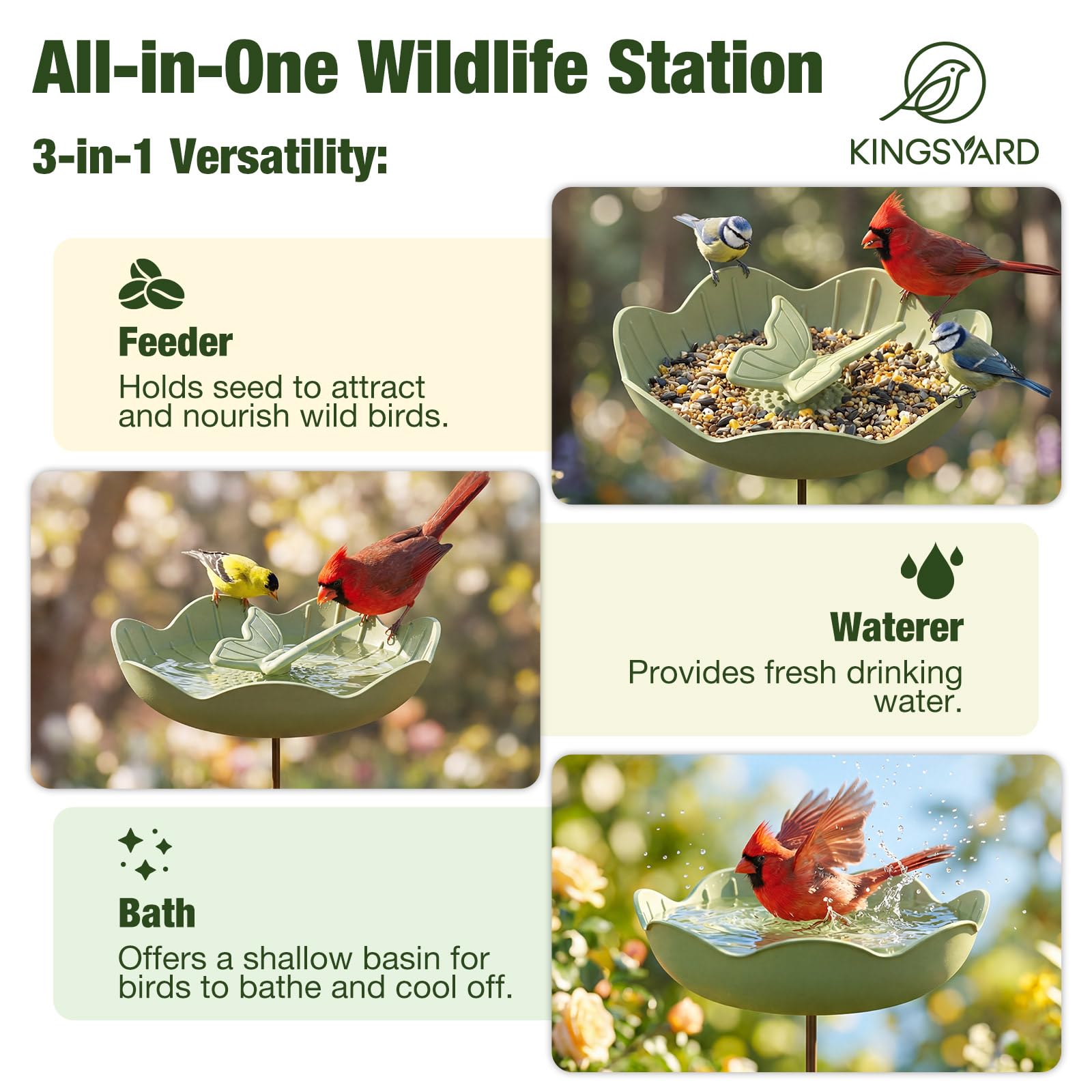 Kinsgyard - Paquete de 2 comederos para pájaros con poste ajustable, comedero para pájaros silvestres para decoración de jardín al aire libre, gran capacidad de semillas, fácil de limpiar y rellenar