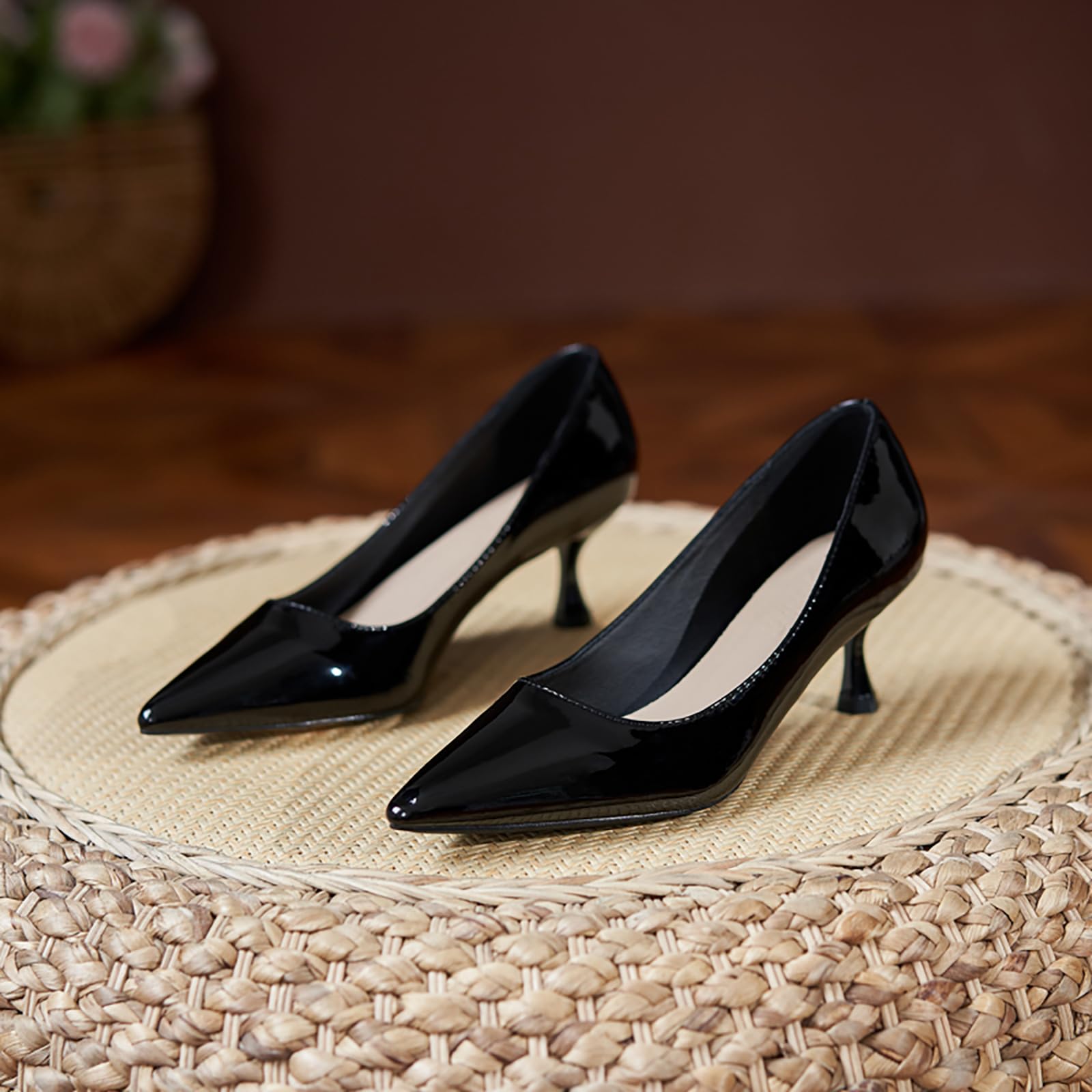 Damskie buty wsuwane ze szpiczastym noskiem damskie niskie obcasy buty do sukienki wygodne na średnim obcasie kocięta czółenka robocze biznes na co dzień biuro, Czarny obcas 5 cm, 36.5 EU