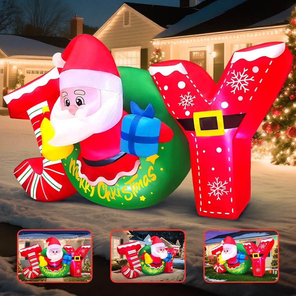KOOY 7FT Christmas Inflatable Outdoor Decorations, Blow Up Yard Decoration Outdoor, Joy Inflatable Decoration with Santa Built-in LED, for Xmas Party Decor Yard Outside Garden Holiday Decorations