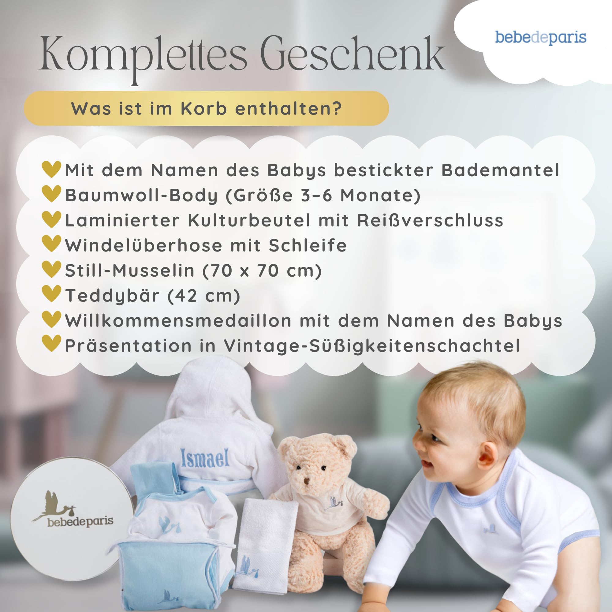 BebeDeParis Baby Geschenkset mit Namen personalisiert | Geschenkkorb zur Geburt | Bademantel bestickt (6–12 Monate), Body, Musselintuch, Kulturbeutel, Windeltasche & Teddybär