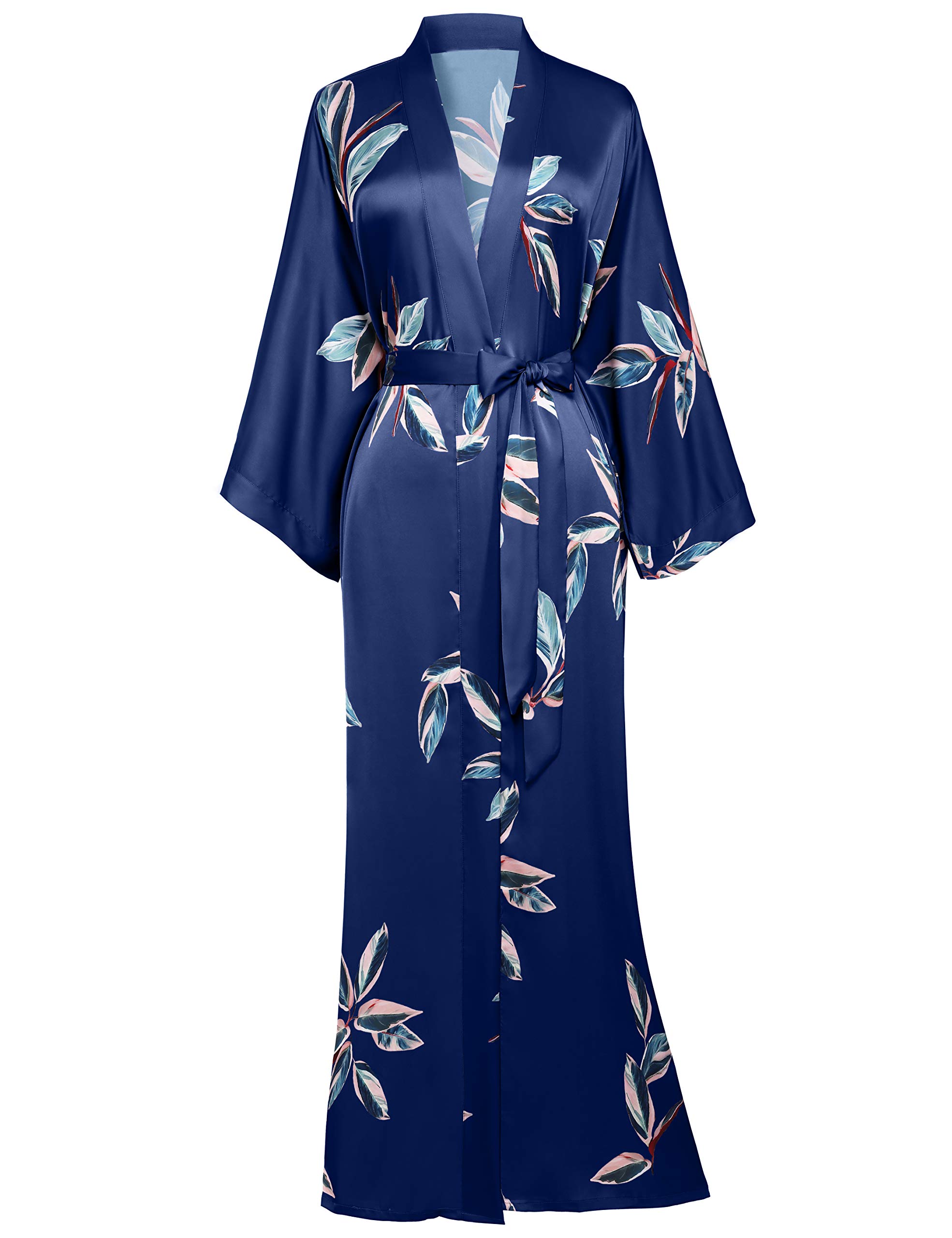 BABEYONDCharmeuse Satin Kimono Dressing Gown Leaves Pattern Kimono Robe for Women Silk Feeling Printed Cover Up for Wedding Girl's Bonding Party Pyjamas 135cm Long