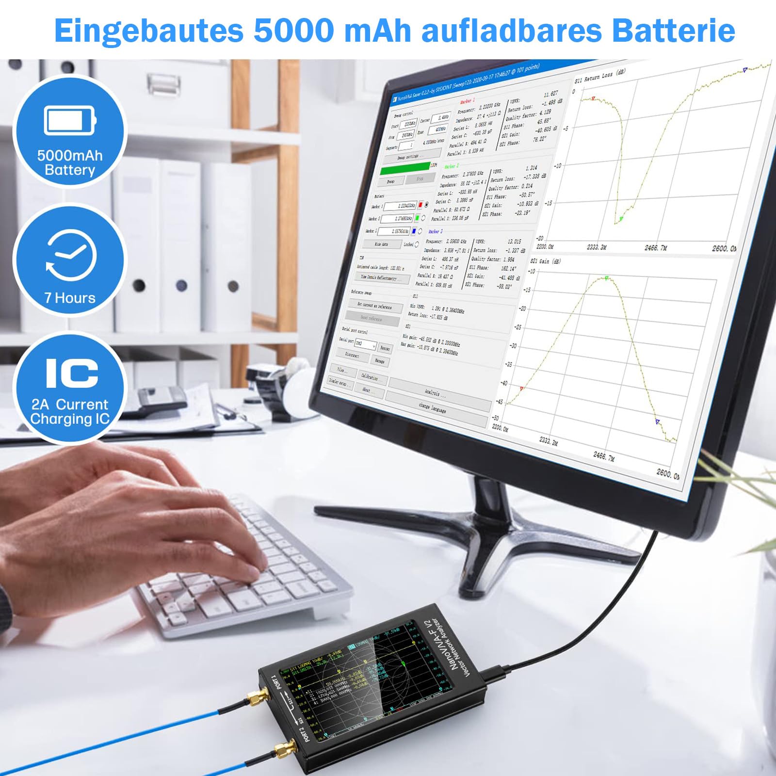 AURSINC NanoVNA-F V2 Vector Network Analyzer 4,3-Zoll 50KHz-3GHz HF VHF UHF VNA Antenna Analyzer, S-Parametermessung, SWR Spannung, Phase, Verzögerung, Smith-Diagramm