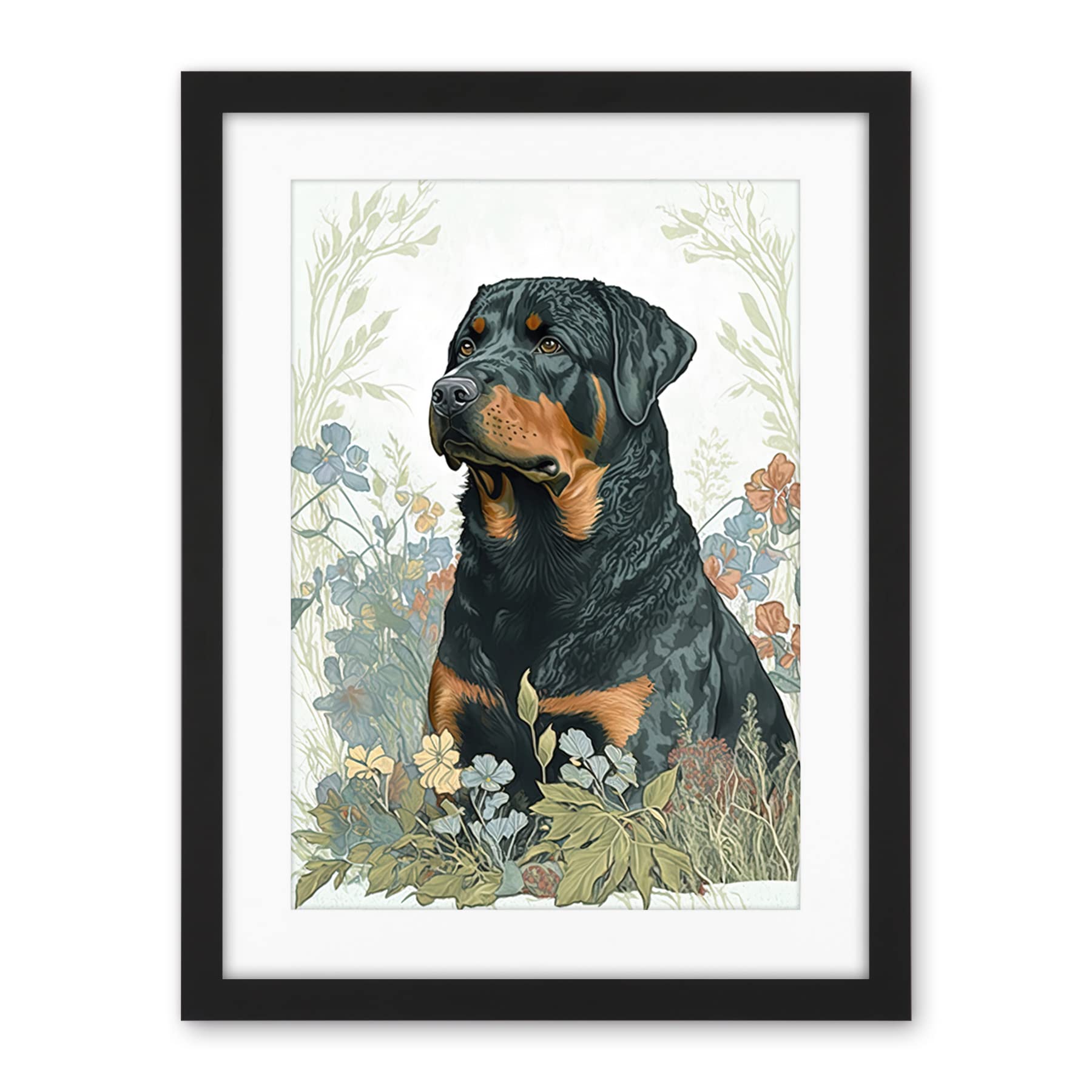 Artery8 Rottweiler Dog Sitting in Flower Field Modern Watercolour Illustration Artwork Framed Wall Art Print 18X24 Inch