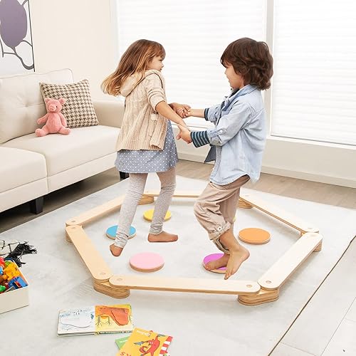 Miniatura 9 de Costzon Monterssori - Viga de equilibrio de madera y piedras de escalón gimnasia para niños carrera de obstáculos juego de mesa de equilibrio para