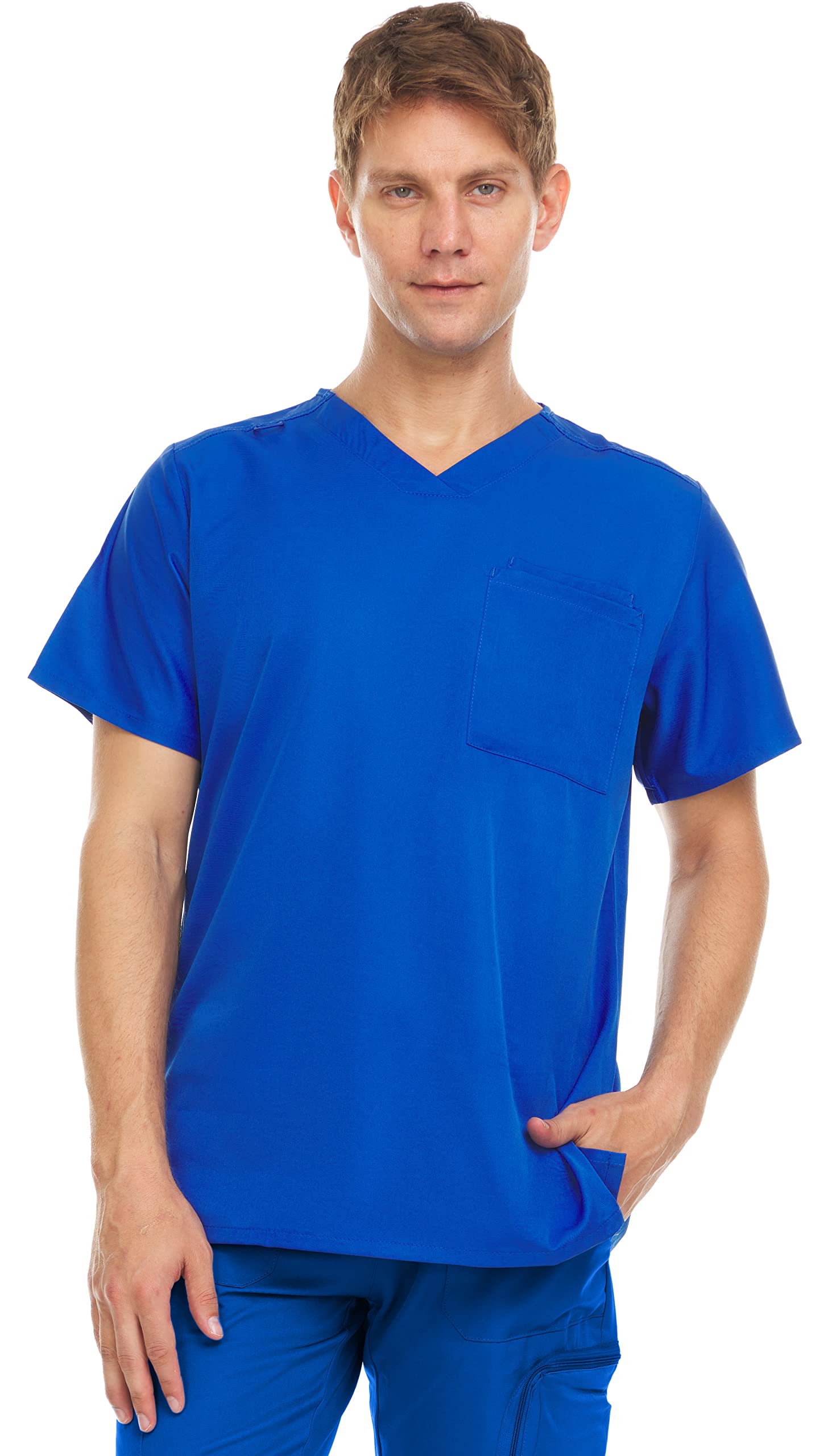 MediChic Mens Scrubs V-Neck Scrub Top with Two Pockets and Lightweight 4-Way Stretch Royal