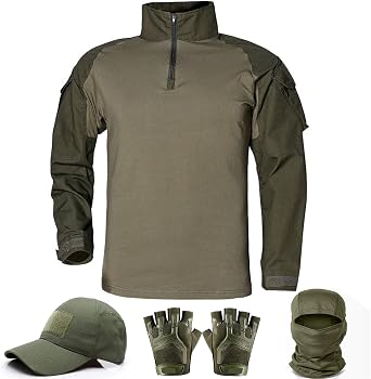 Mens Tactical Camo Shirt,Long Sleeve Combat Shirt,Cap Gloves Balaclava and 1/4 Zip Military Top Airsoft Gear