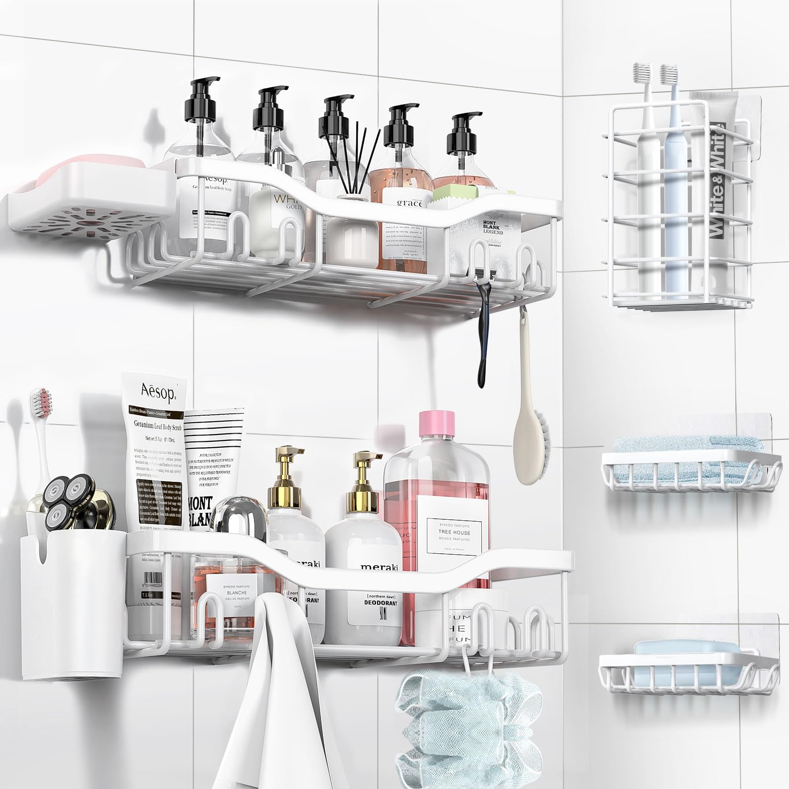 NESOMI Shower Caddy Adhesive Shower Organizer 7-Pack, Rustproof Stainless Steel Bathroom Shelves, Large Capacity No-Drill Rack Storage Accessories with Soap Dish Toothbrush Holder Hooks