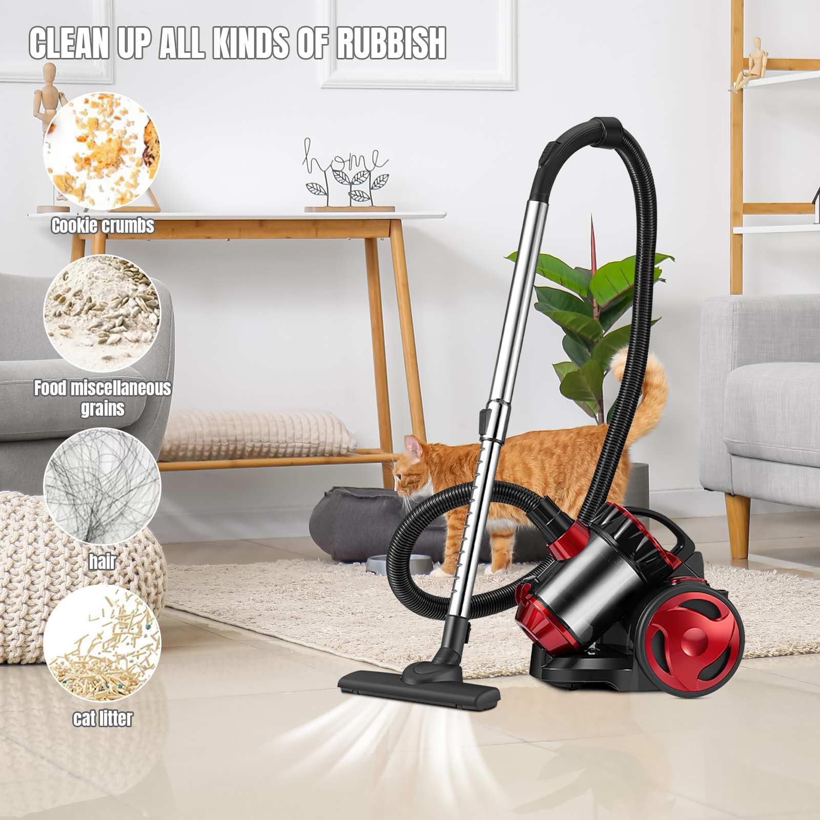Aspirador sin bolsa, 1,5 L, aspirador escoba, 4,5 m, cable de alimentación (A) | 2000 W de filtración de alto rendimiento, silencioso, para alfombras, alfombras y suelos duros, coche, laminado y baldosas